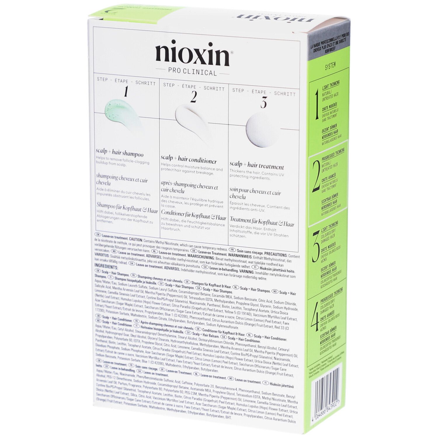 Achterkant van de Nioxin System 2 Kit verpakking. Productgebruiksstappen. Ingrediënten. Groene en witte kleurstelling.
