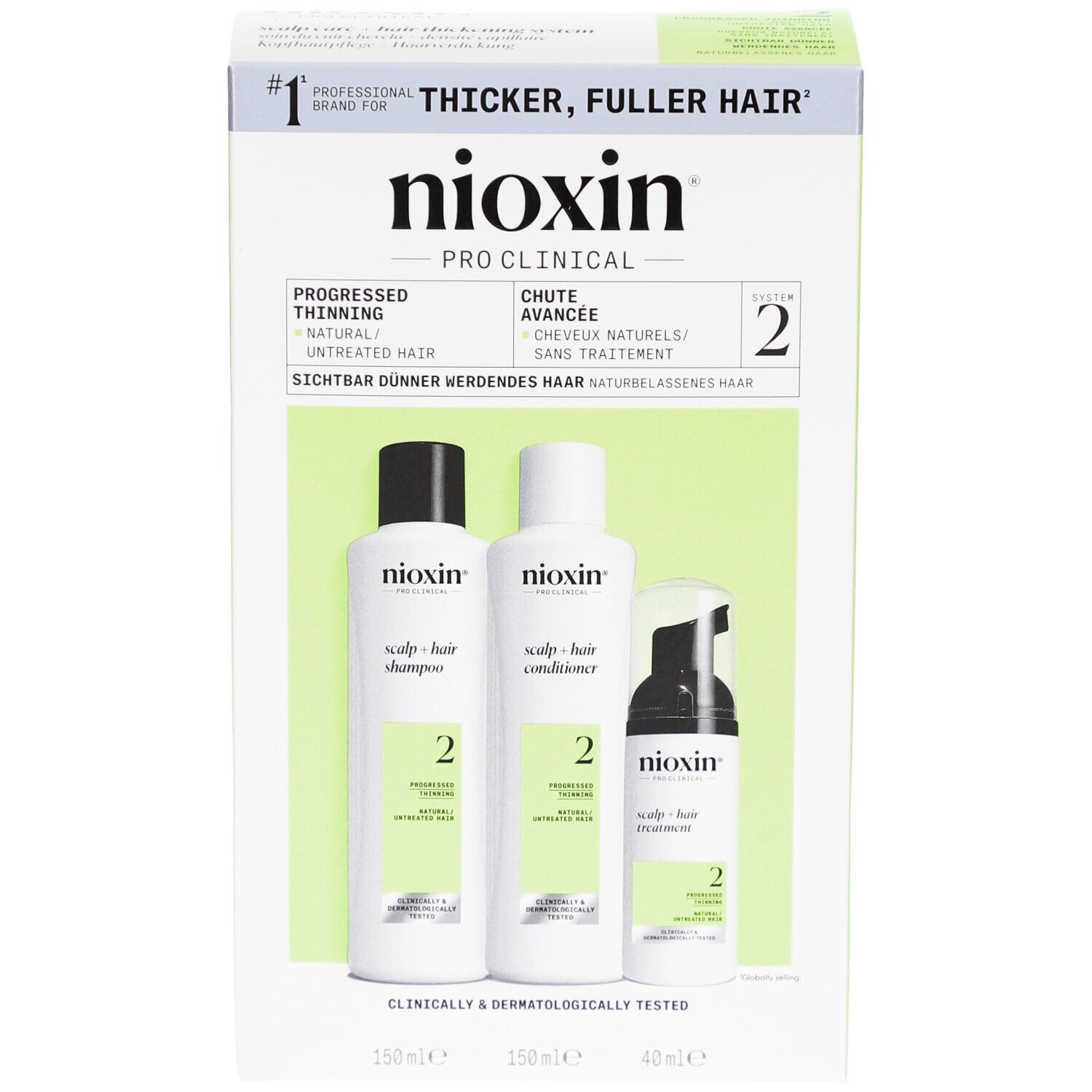 Nioxin System 2 Kit. Shampoo, conditioner en treatment. Verpakking met groene accenten. Klinisch en dermatologisch getest.