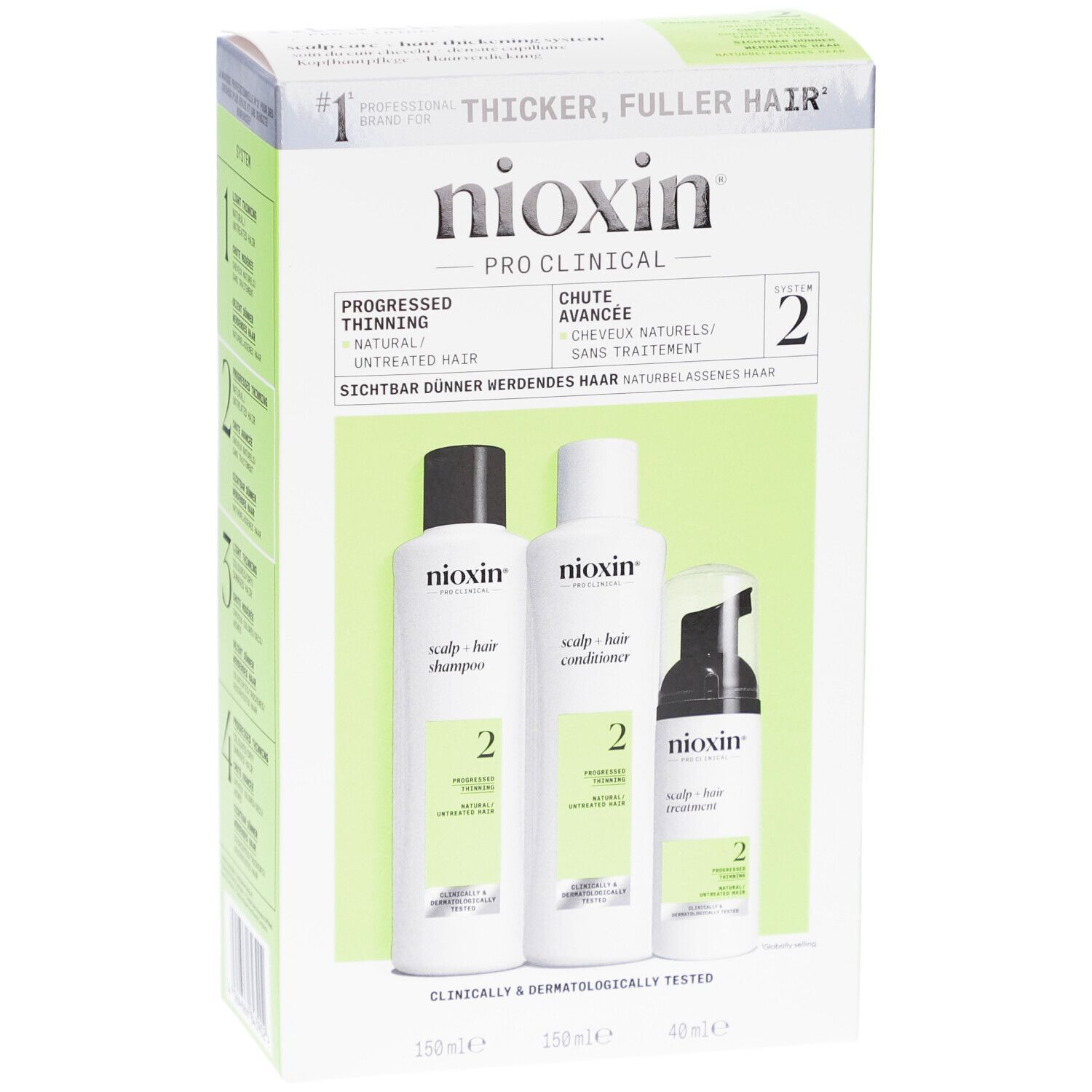 Nioxin System 2 Kit. Shampoo, conditioner en treatment. Verpakking met groene accenten. Klinisch en dermatologisch getest.