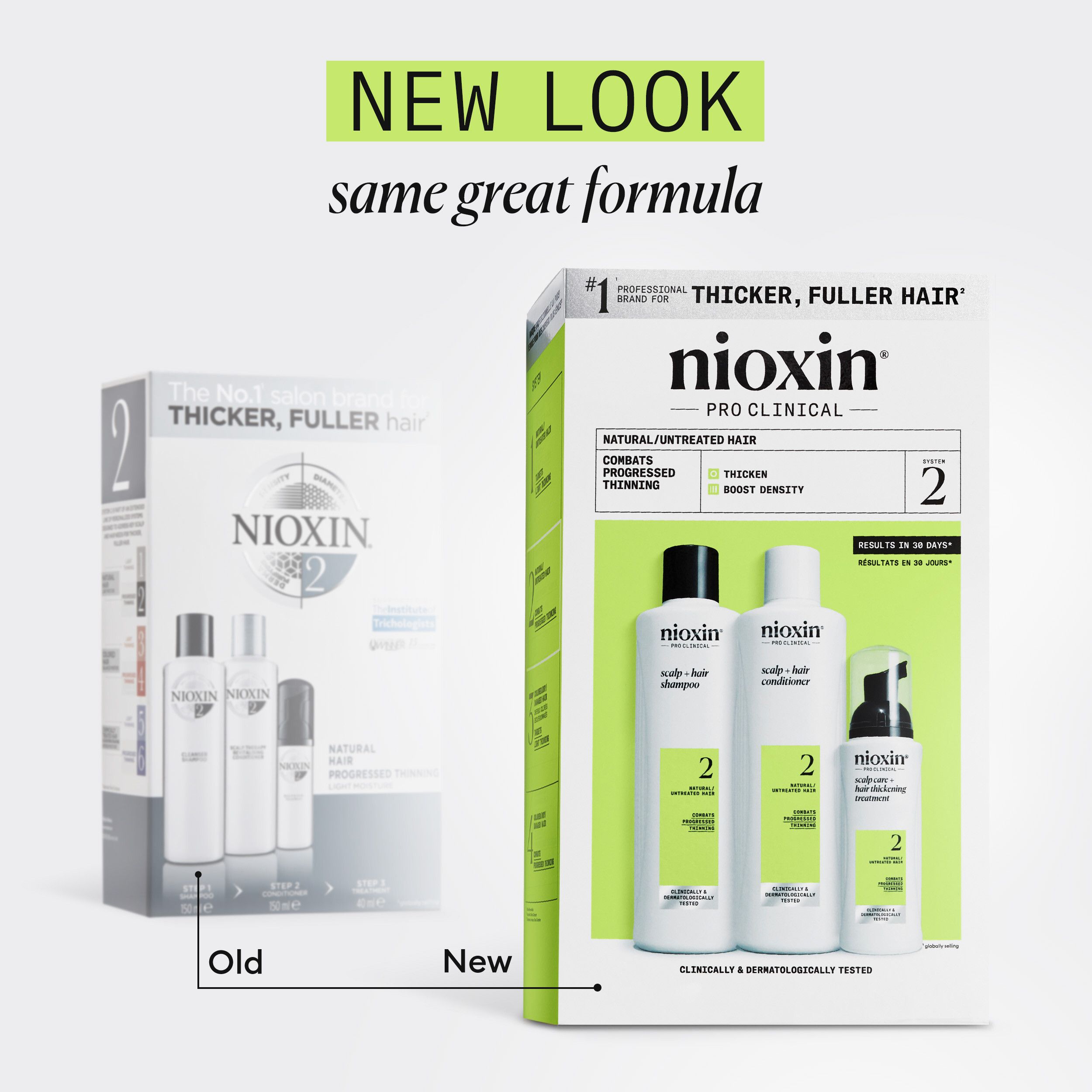 Vergelijking: Nioxin System 2 Kit, oud en nieuw. Nieuw ontwerp met groene accenten. Bevat shampoo, conditioner en treatment.