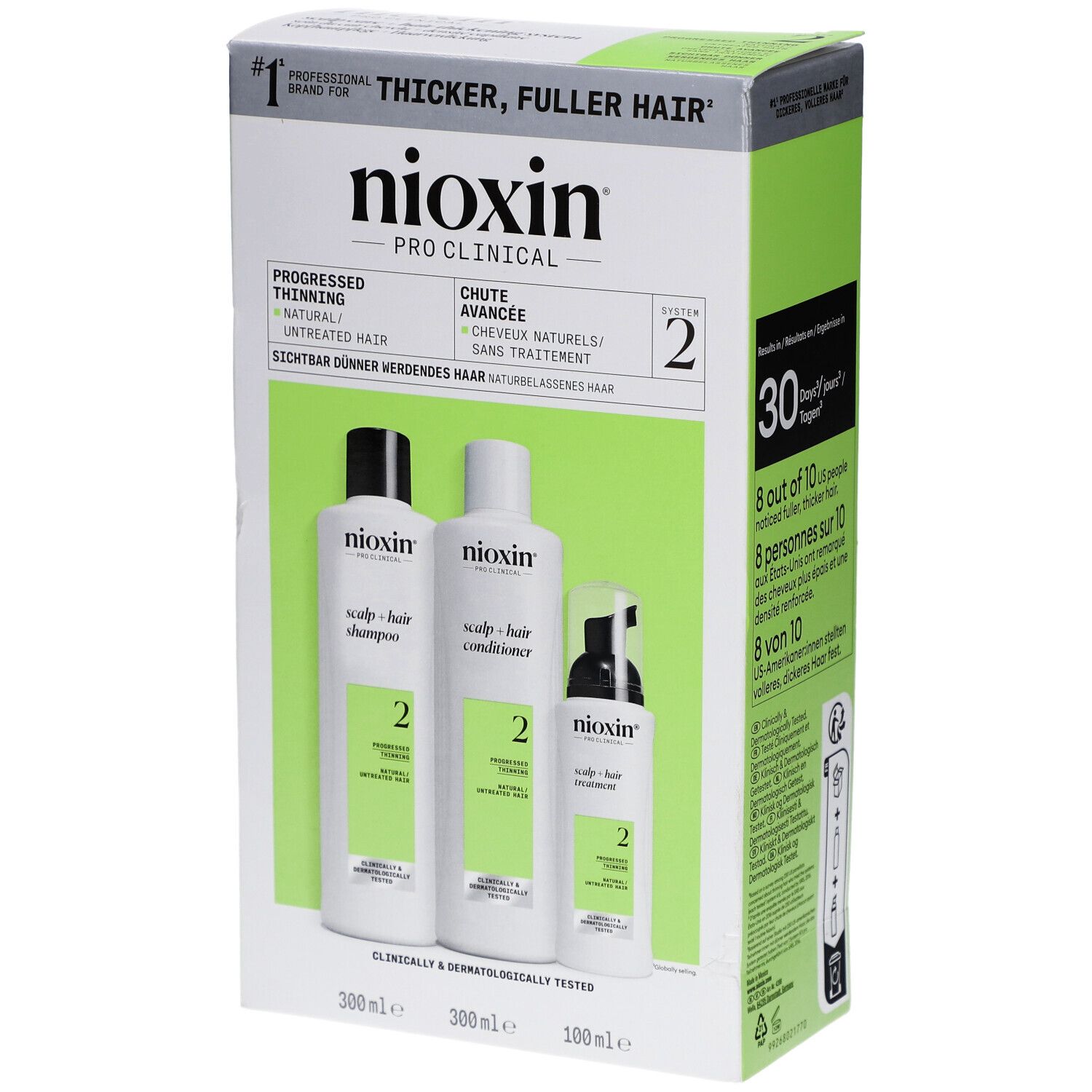 Nioxin System 2 Coffret. Bevat shampoo, conditioner en treatment. Groen-witte verpakking met productnaam en informatie.