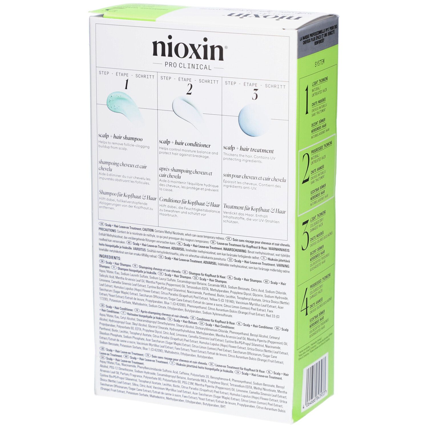 Nioxin System 2 Box, achterkant. Bevat instructies en ingrediënten. Groen-witte verpakking met productnaam en informatie.