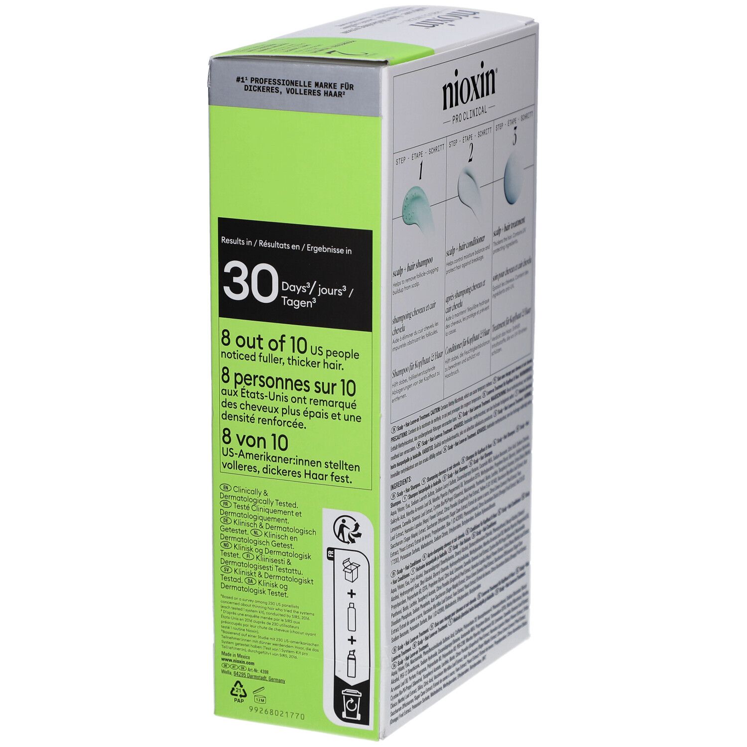 Nioxin System 2 Box, zijkant. Bevat informatie over resultaten. Groen-witte verpakking met productnaam en informatie.