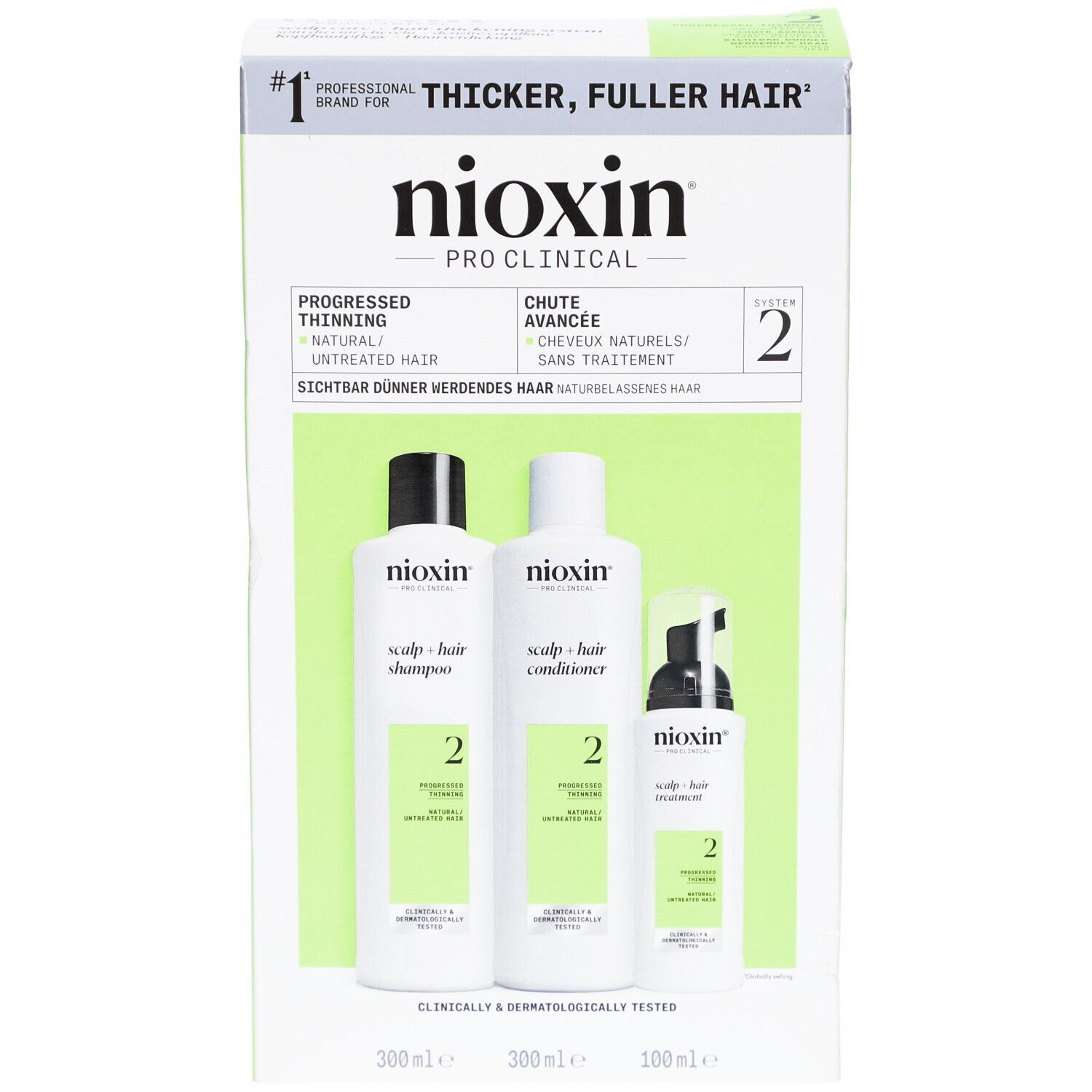 Nioxin System 2 Coffret. Bevat shampoo, conditioner en treatment. Groen-witte verpakking met productnaam en informatie.