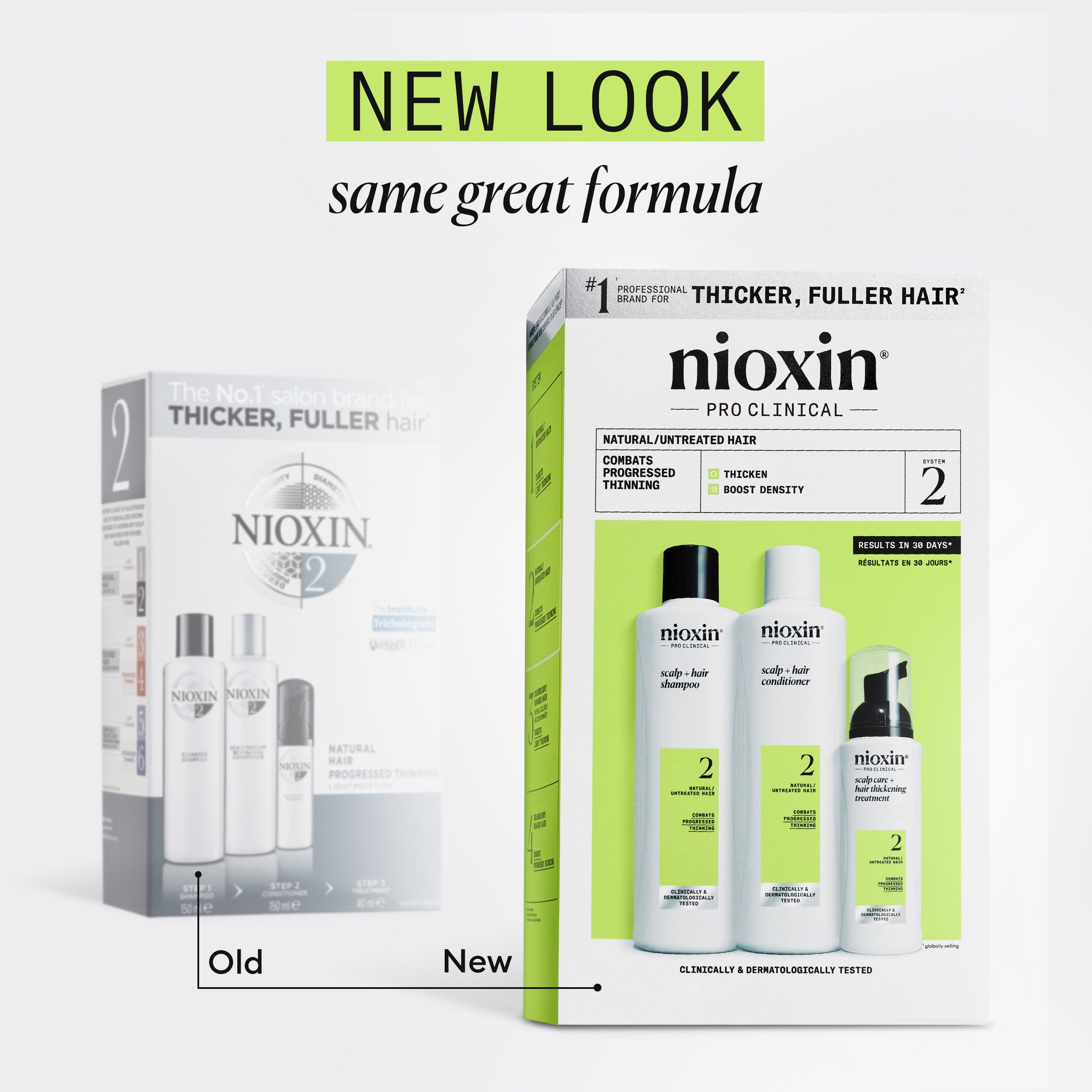 Comparaison des anciens et nouveaux emballages Nioxin System 2. Les deux montrent shampooing, après-shampooing et traitement.