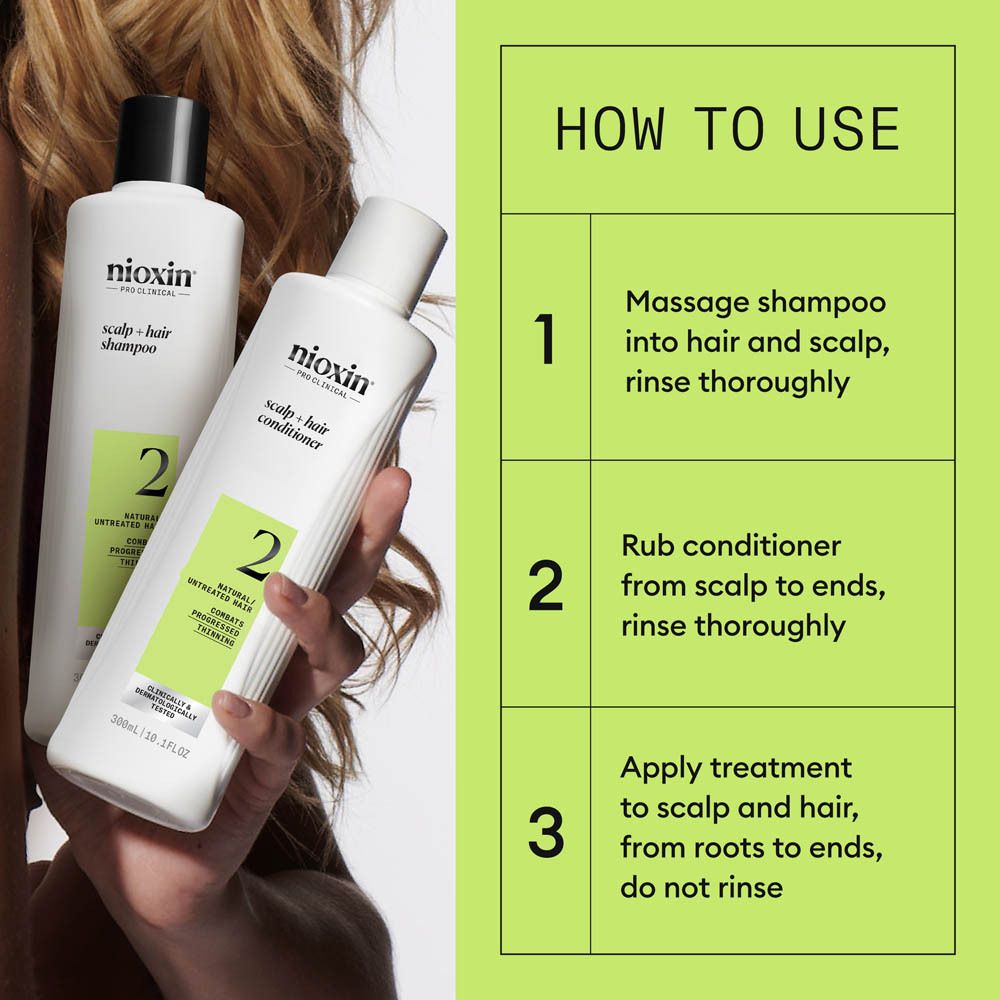 Deux bouteilles Nioxin : Shampooing et après-shampoing, Système 2.