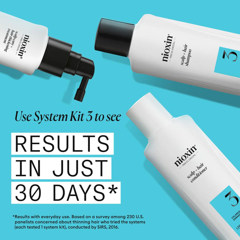 Drie Nioxin-producten: een pompflacon, een shampoo en een conditioner. Tekst: 'Resultaten in slechts 30 dagen'.