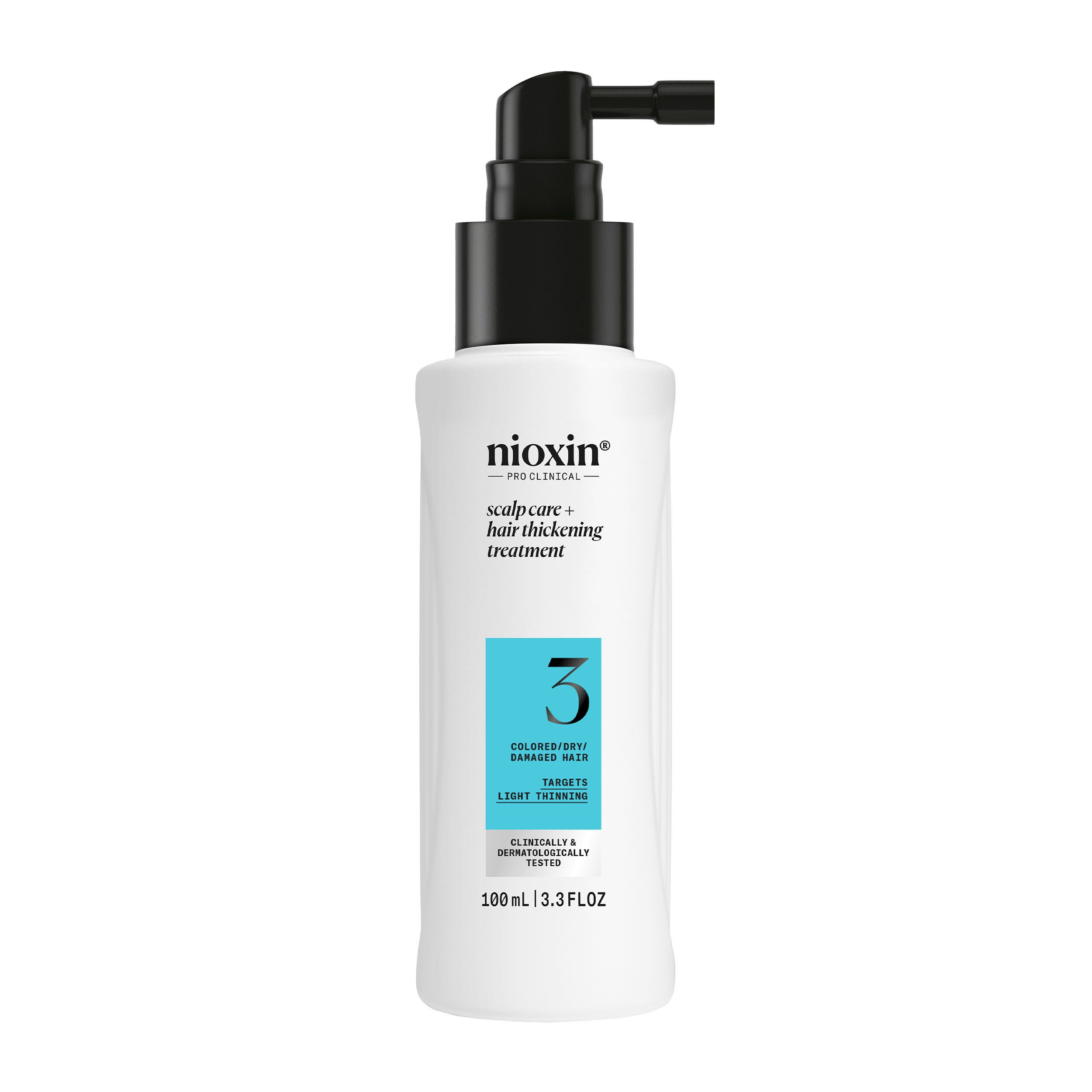 Flacon blanc avec applicateur noir. Inscription: Nioxin, Scalp + Hair Thickening Treatment, 3. 100ml.