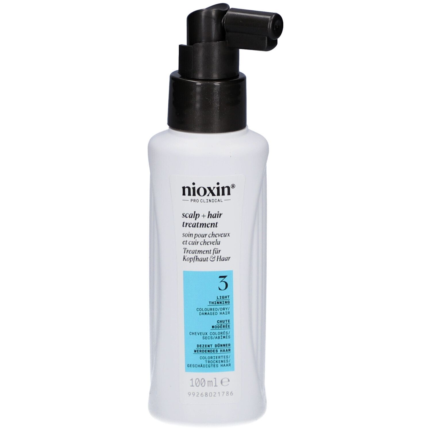 Flacon blanc avec applicateur noir. Inscription: Nioxin, Scalp + Hair Treatment, 3. 100ml.