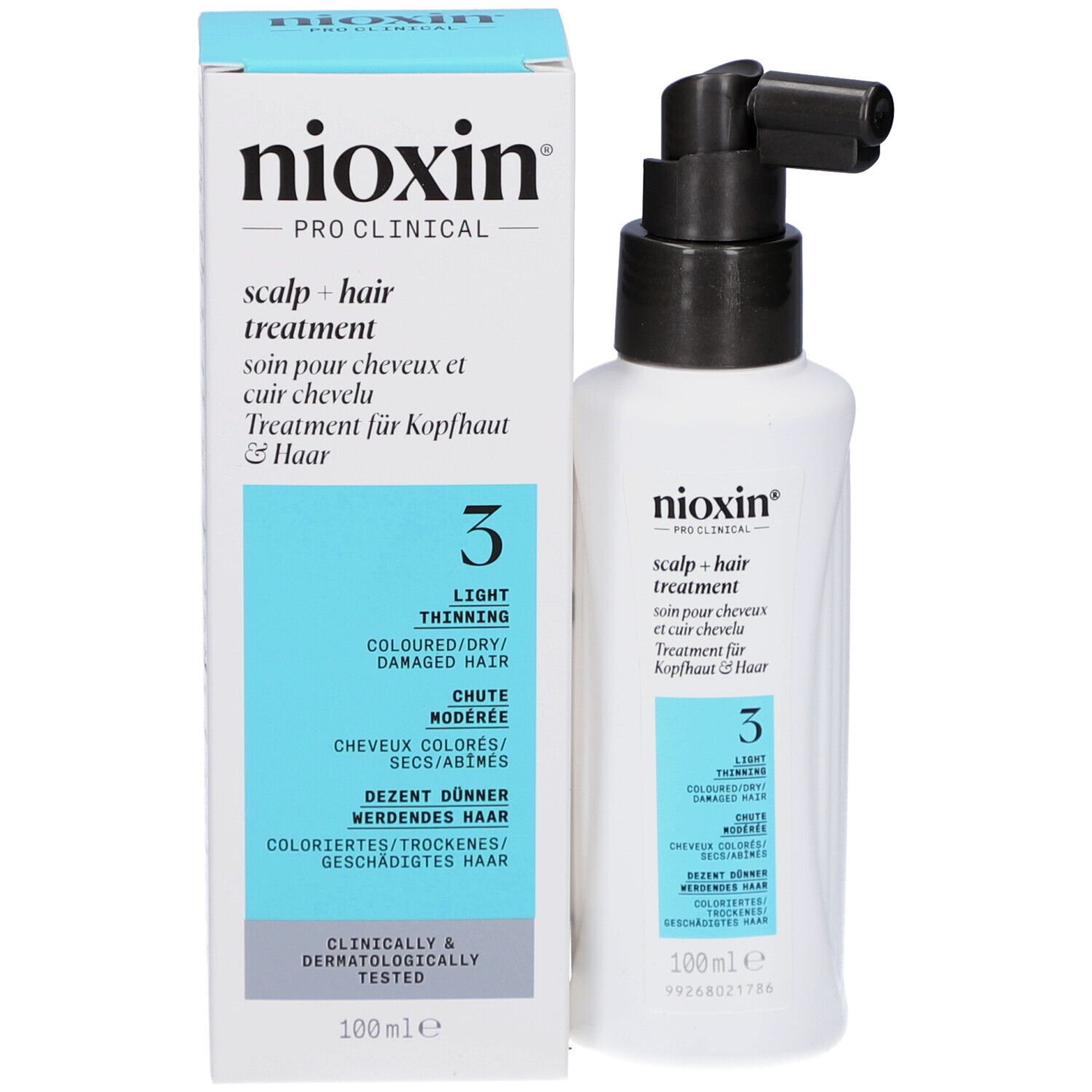 Produit et emballage. Boîte et flacon blancs. Inscription: Nioxin, Scalp + Hair Treatment, 3. 100ml.