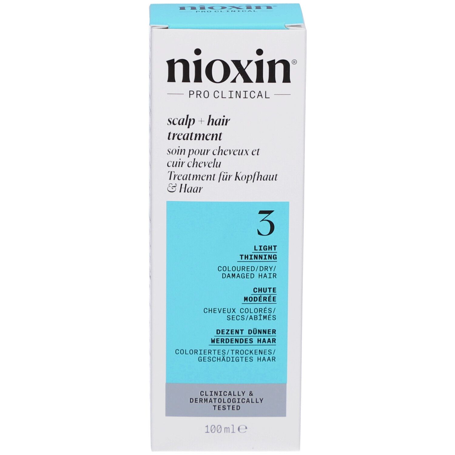 Boîte blanche avec accent bleu. Inscription: Nioxin, Scalp + Hair Treatment, 3. 100ml.