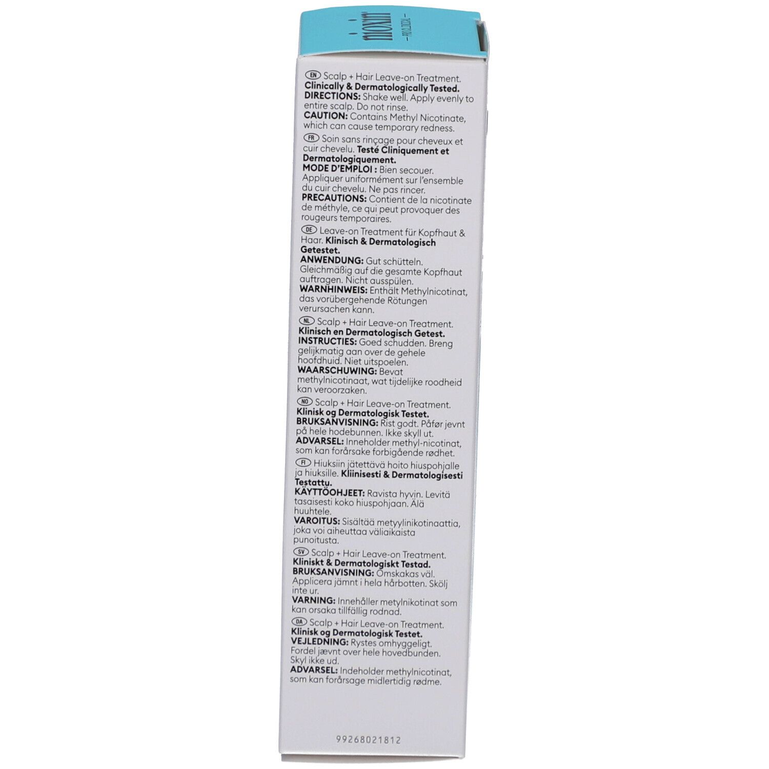 Dos de la boîte blanche. Texte multilingue. Testé cliniquement et dermatologiquement.
