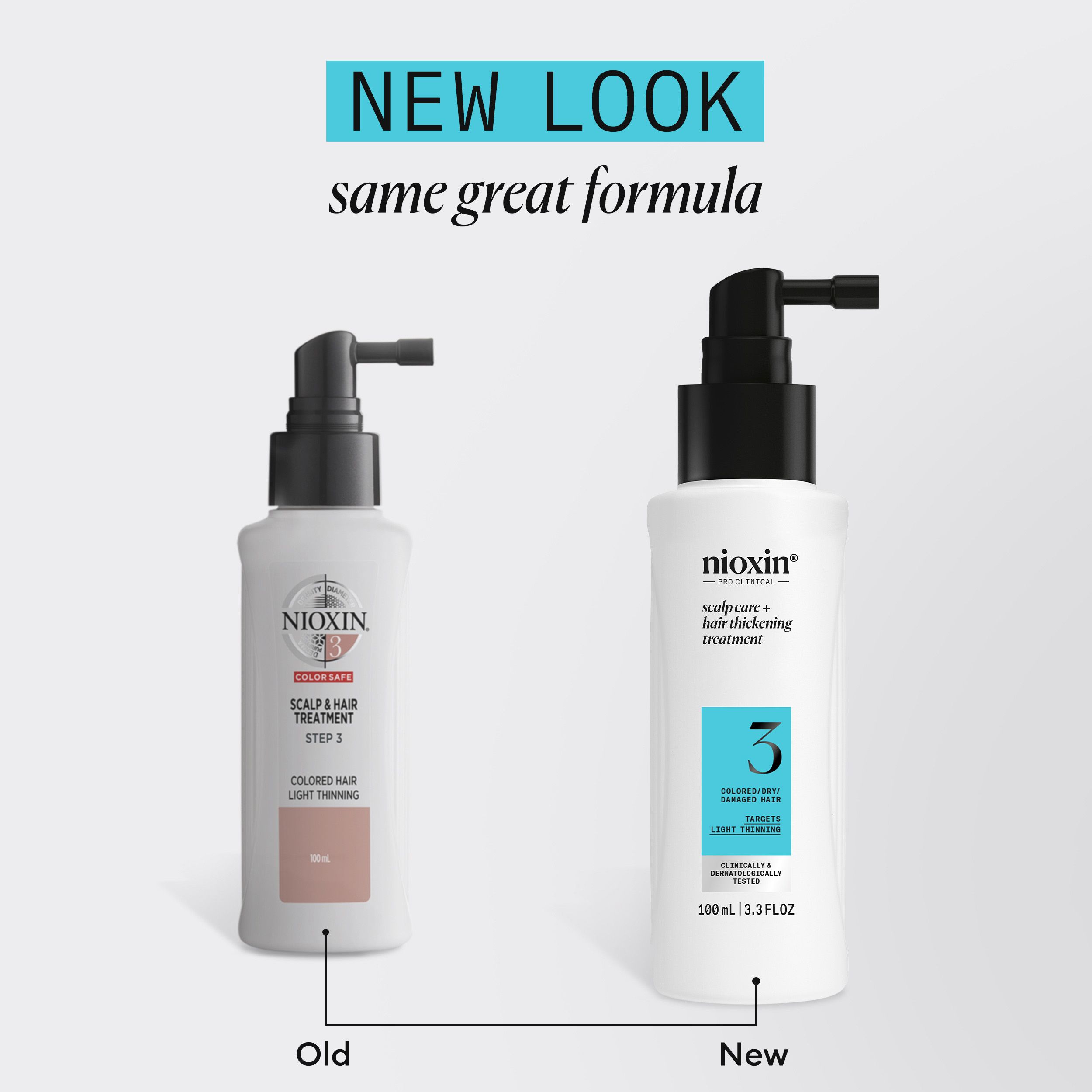 Vergelijking van twee flessen. Links: Oude verpakking. Rechts: Nieuwe verpakking. Opschrift: Nioxin, 3.