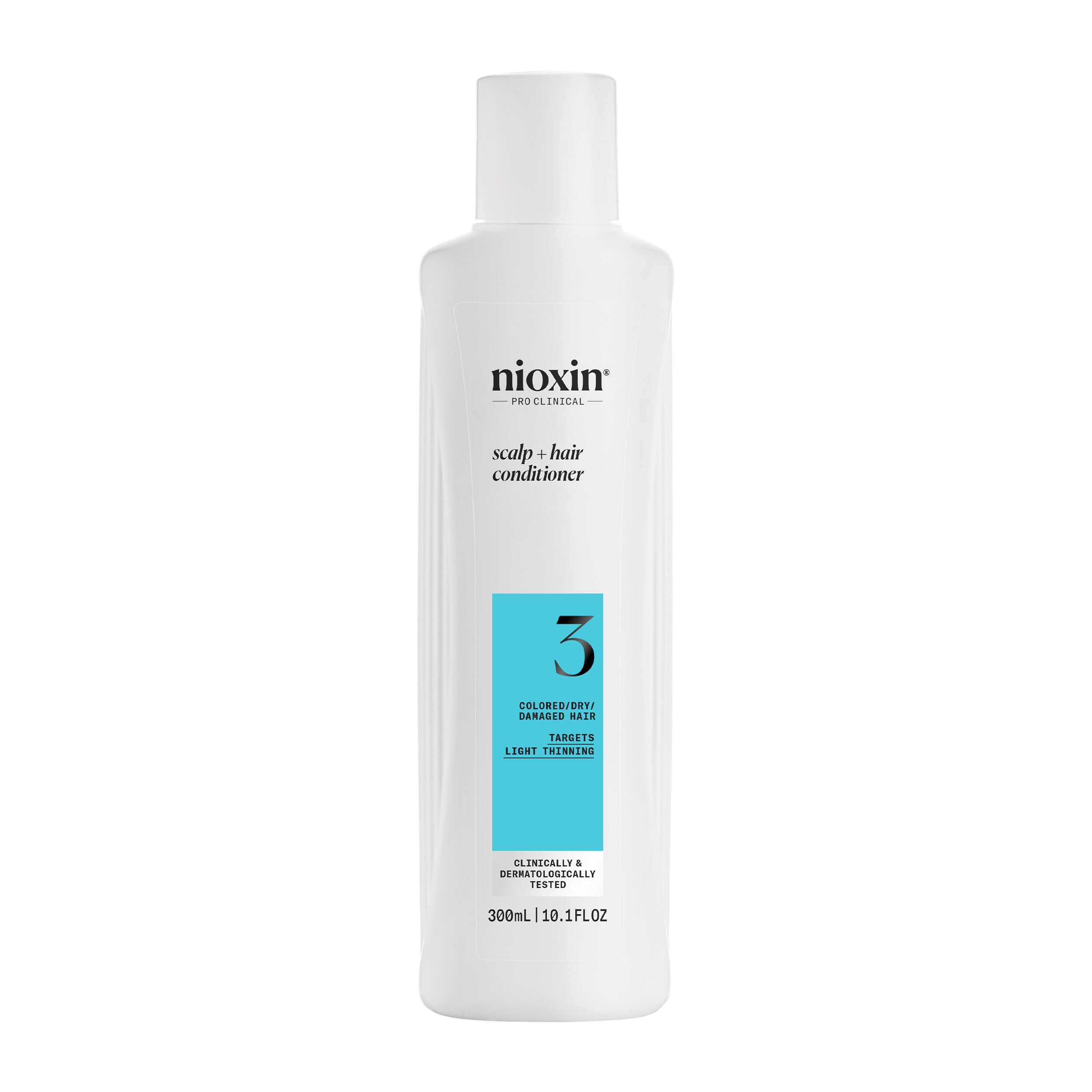 Witte fles Nioxin System 3 Après-shampooing. Turquoise etiket met productinformatie. Opschrift: Conditioner voor hoofdhuid & haar.