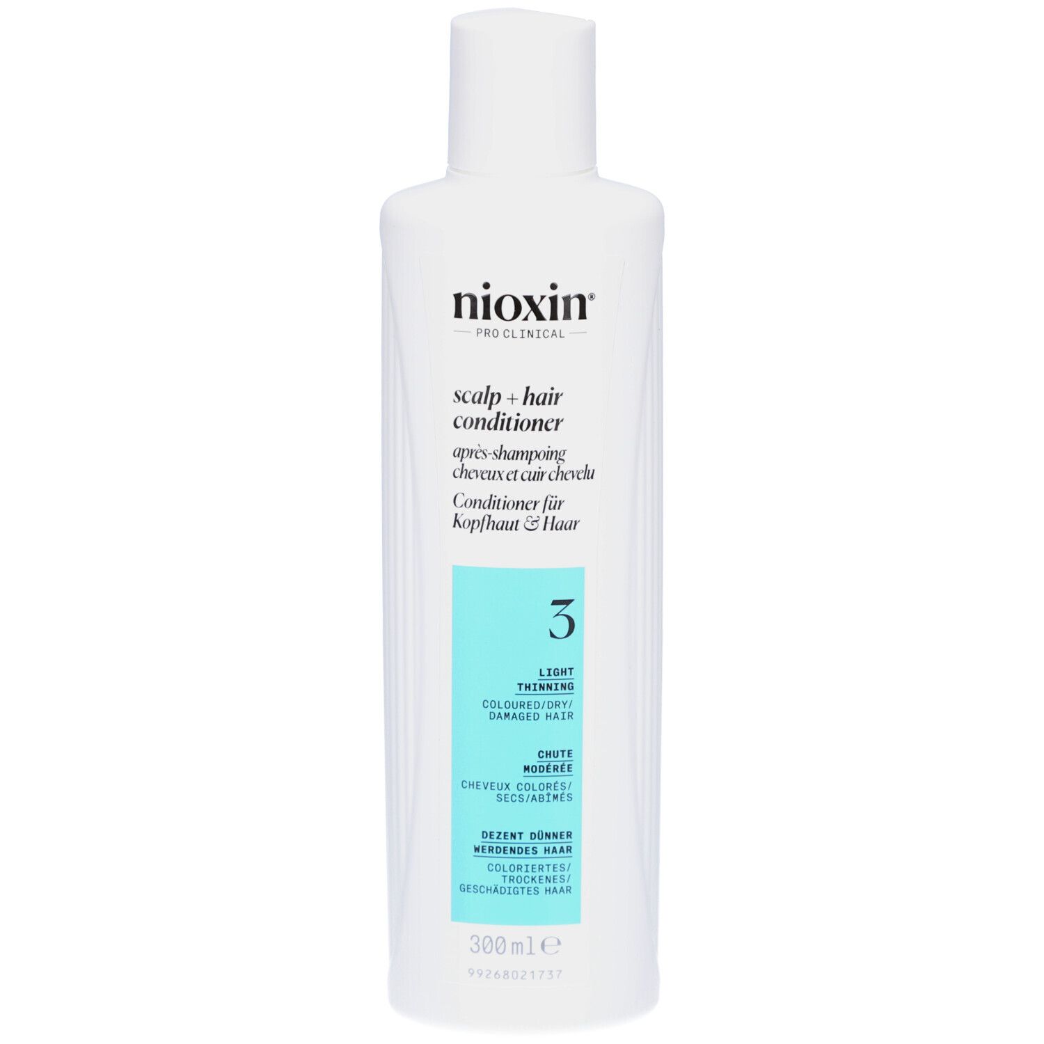 Witte fles Nioxin System 3 Après-shampooing. Turquoise etiket met productinformatie. Opschrift: Conditioner voor hoofdhuid & haar.