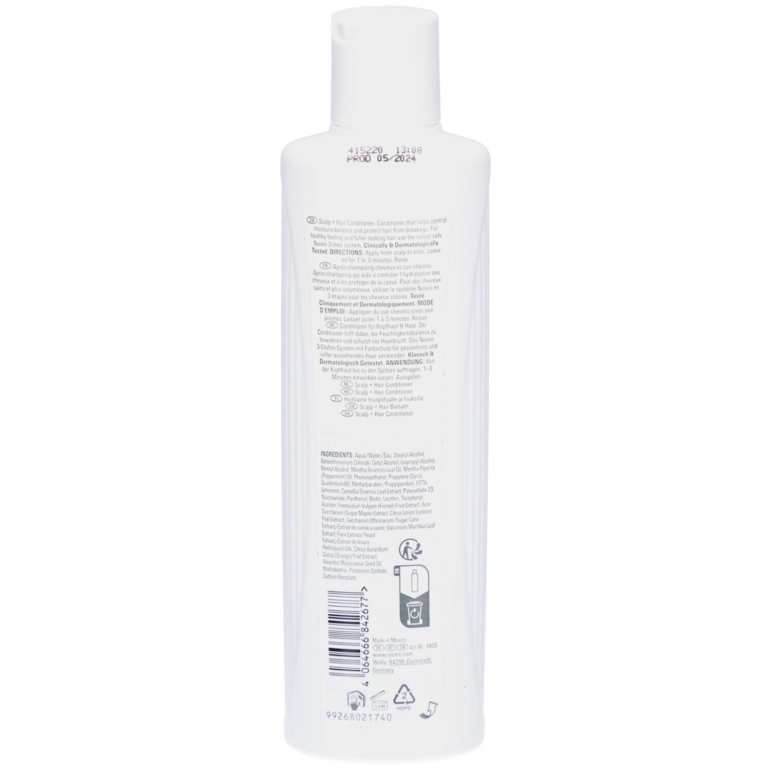 Achterkant van een witte fles Nioxin System 3 Après-shampooing. Tekst met ingrediënten en instructies. Recycling symbool.