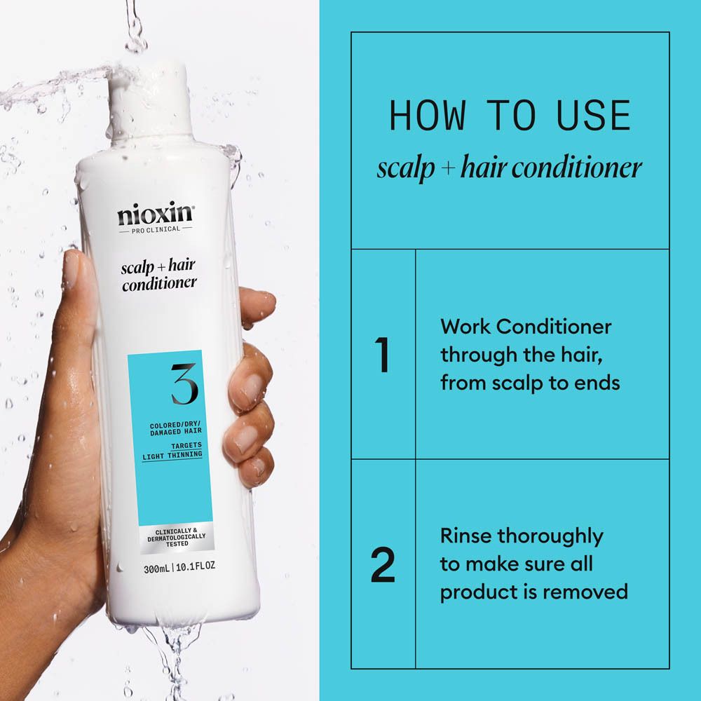 Bouteille de Nioxin Scalp + Hair Conditioner, Système 3, 300ml, tenue sous l'eau courante.