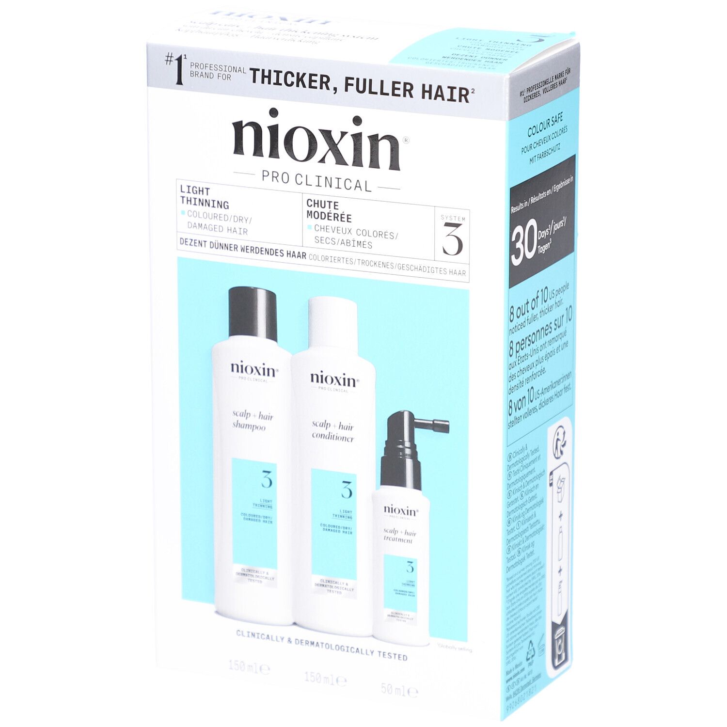 Nioxin System 3 kit. Shampoo, conditioner en treatment. Voor gekleurd, dunner wordend haar.