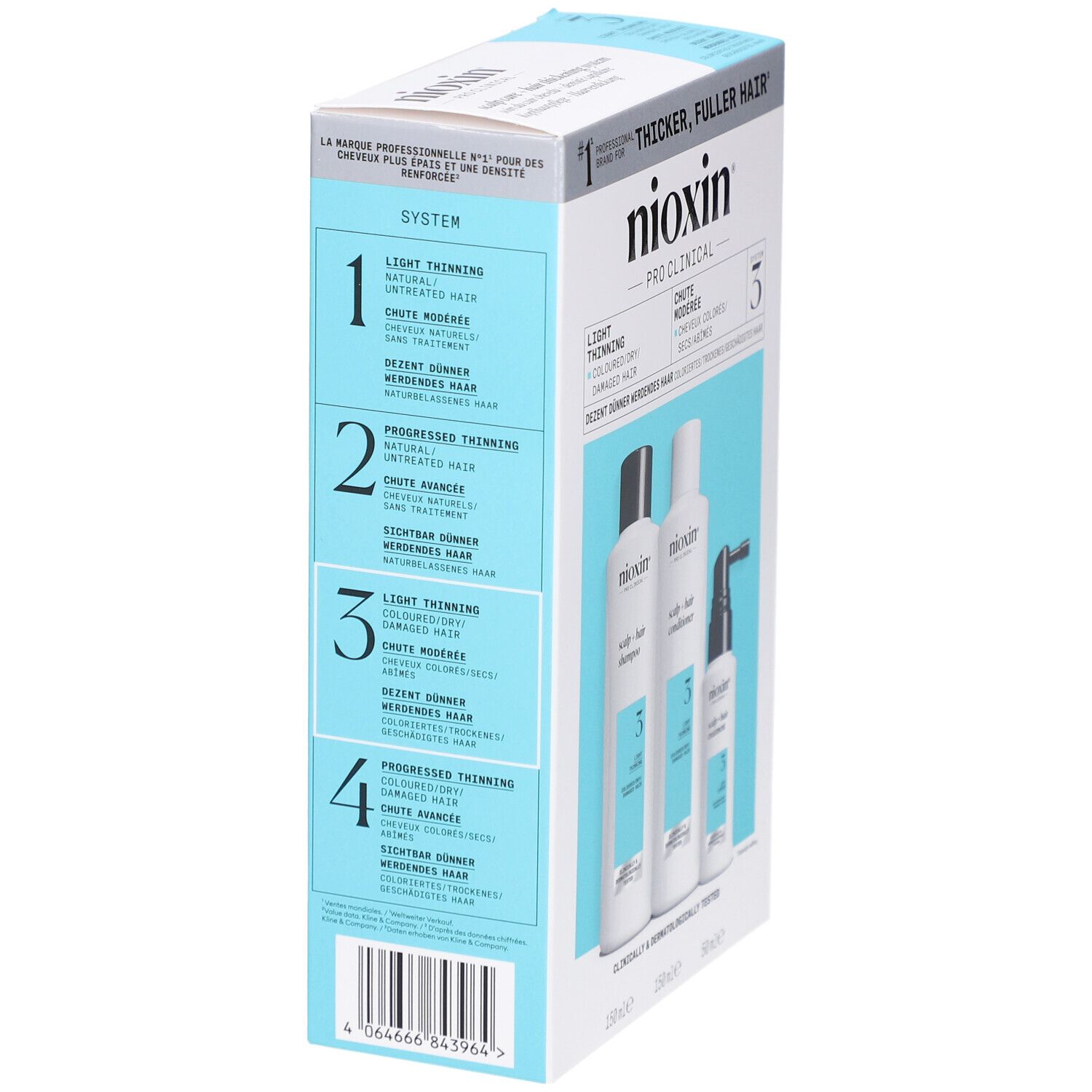 Verpakking van de Nioxin System 3 kit. Toont systeemnummers en productbeschrijvingen.