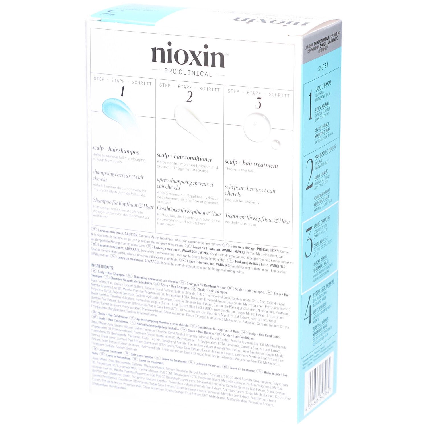 Achterkant van de Nioxin System 3 verpakking. Bevat instructies en ingrediënten.