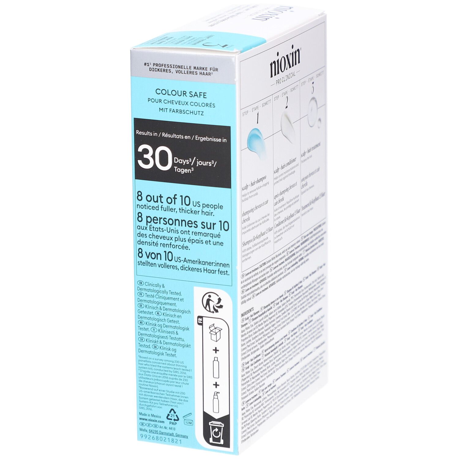Zijkant van de Nioxin System 3 verpakking. Toont informatie over effectiviteit en certificeringen.