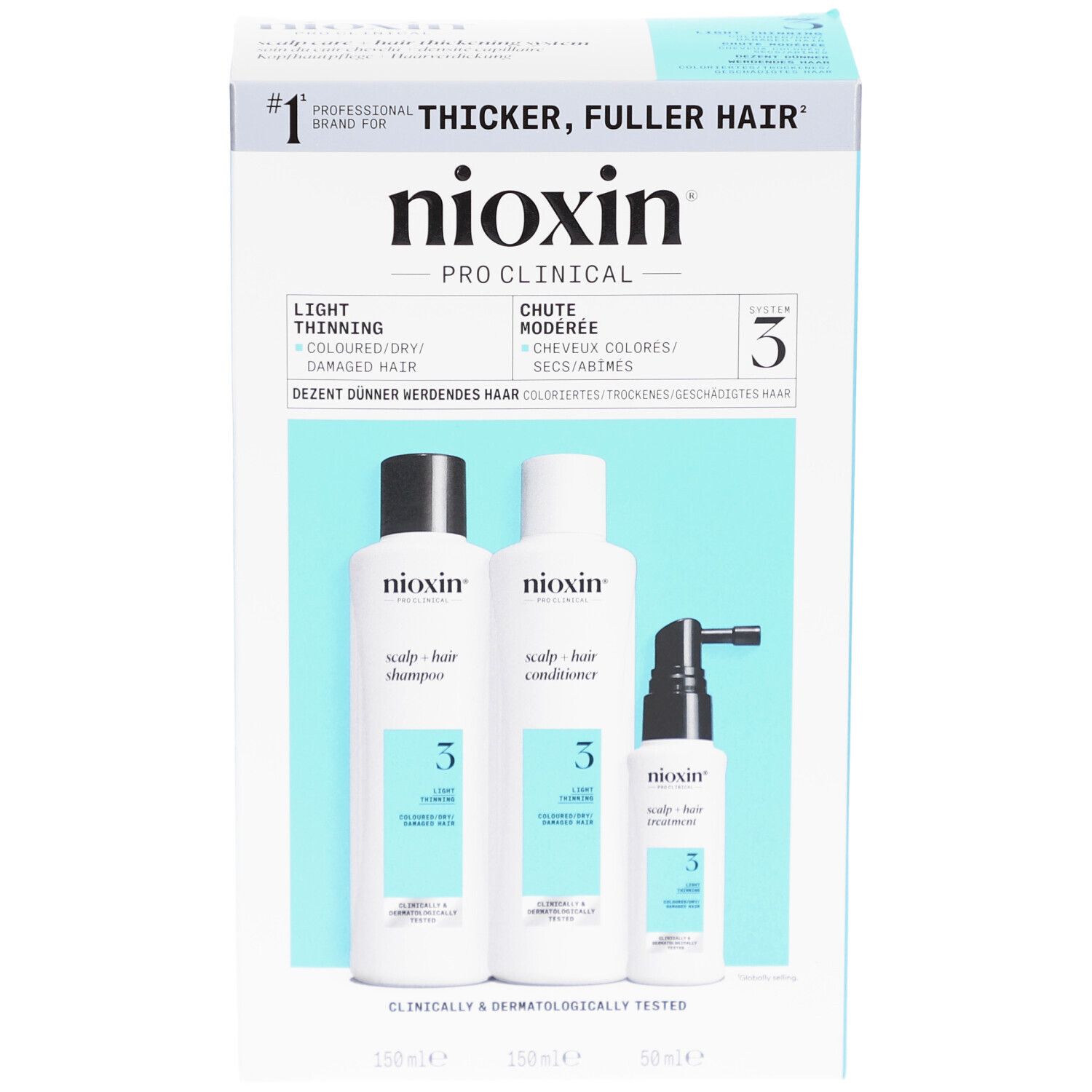 Nioxin System 3 kit. Shampoo, conditioner en treatment. Voor gekleurd, dunner wordend haar.