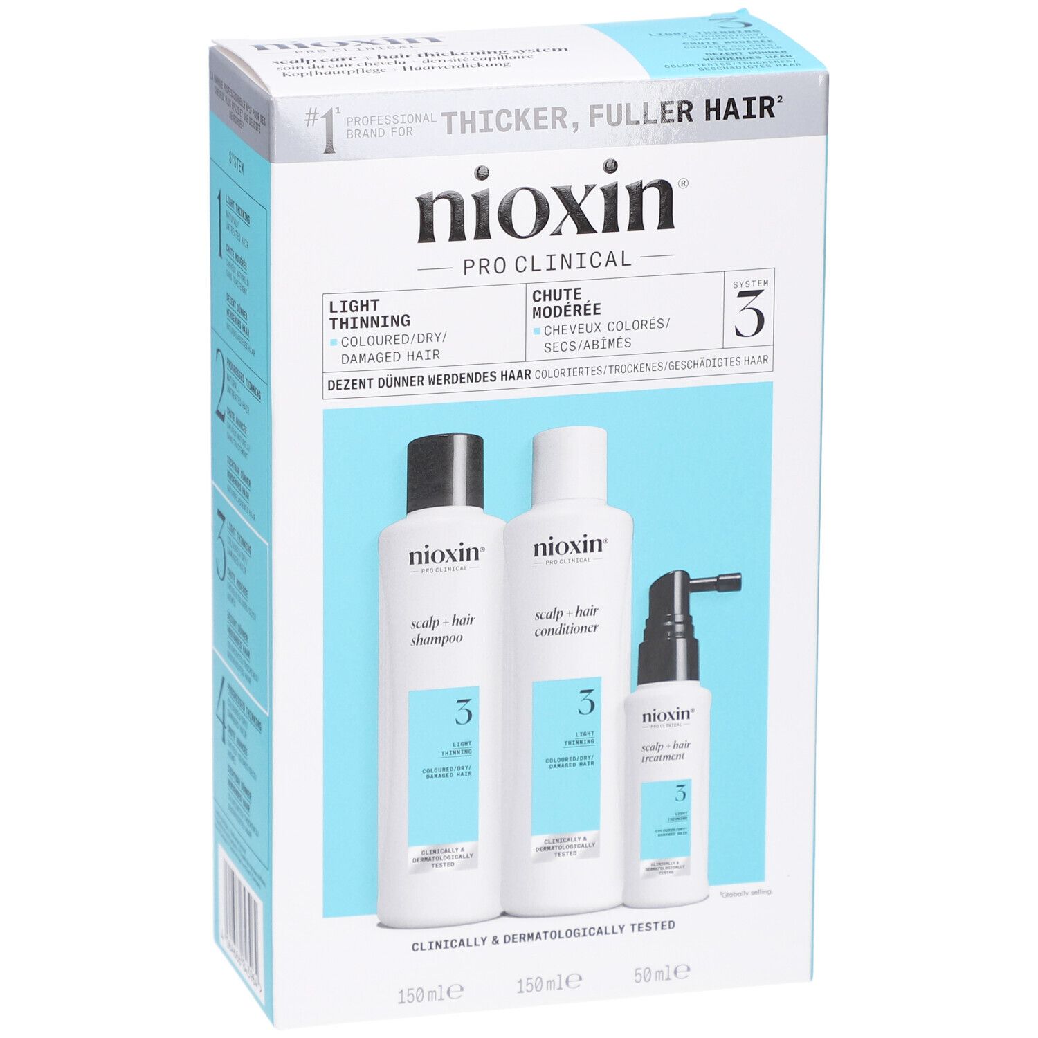 Nioxin System 3 kit. Shampoo, conditioner en treatment. Voor gekleurd, dunner wordend haar.