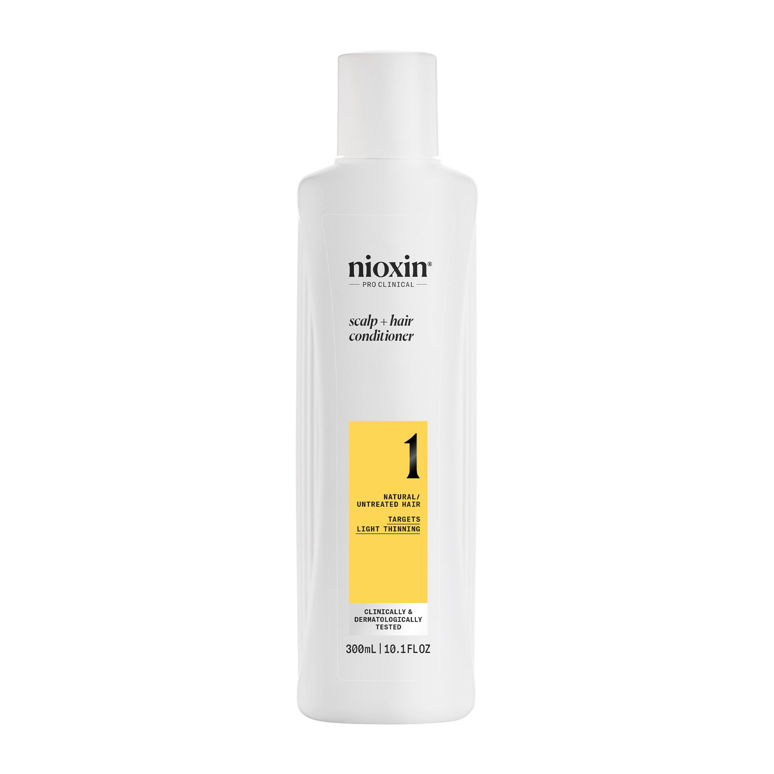 Nioxin Pro Clinical conditioner, fles. Geel etiket met nummer 1. Voor onbehandeld haar.