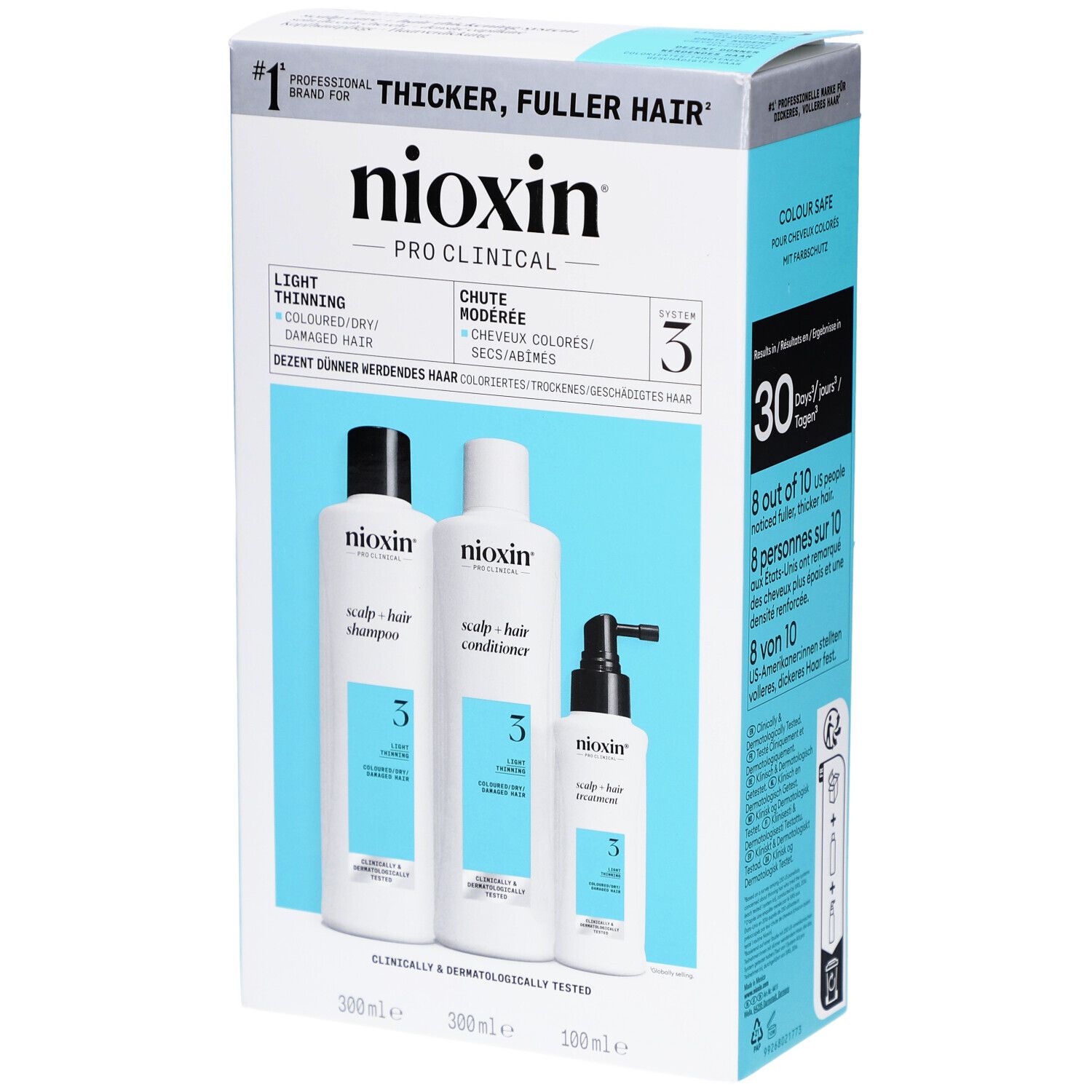 Nioxin System 3 set. Shampoo, conditioner en treatment voor gekleurd haar. Verpakking met 3 producten.