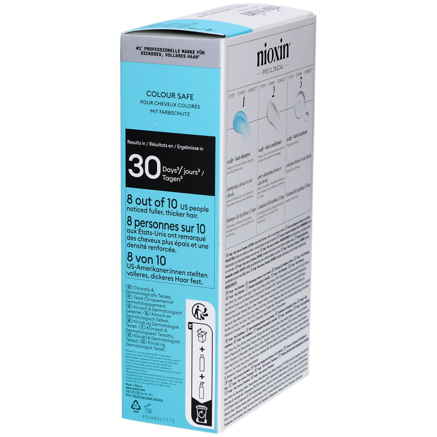 Detail van de Nioxin System 3 doos. Informatie over resultaten en ingrediënten. Wit-blauwe verpakking.