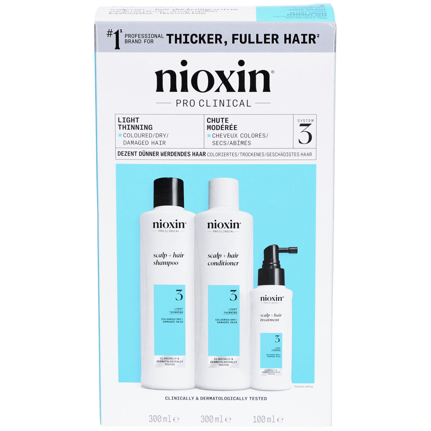 Nioxin System 3 set met shampoo, conditioner en treatment voor gekleurd haar. Witte en blauwe verpakking.