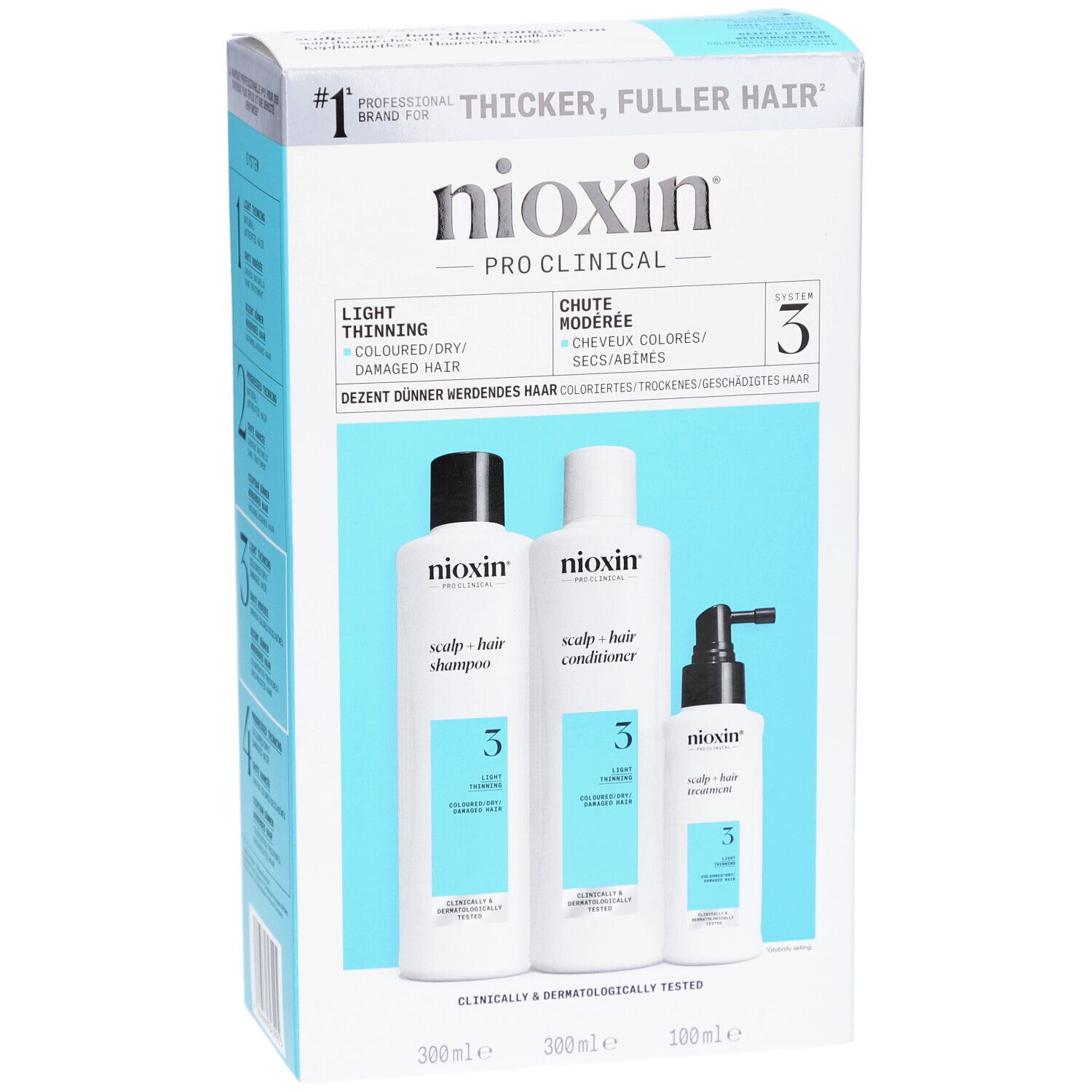 Nioxin System 3 set met shampoo, conditioner en treatment voor gekleurd haar. Witte en blauwe verpakking.