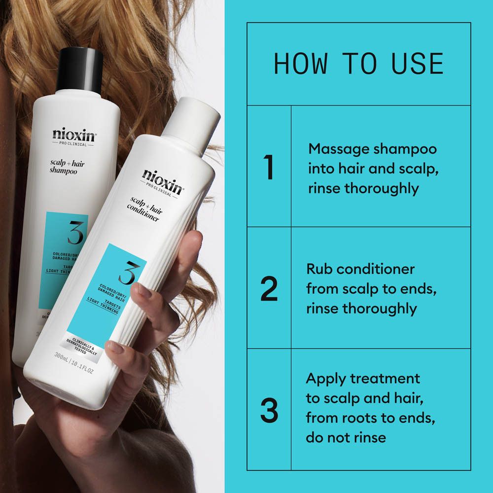 Kit Système Nioxin 3 : Shampoing, après-shampoing et traitement du cuir chevelu.
