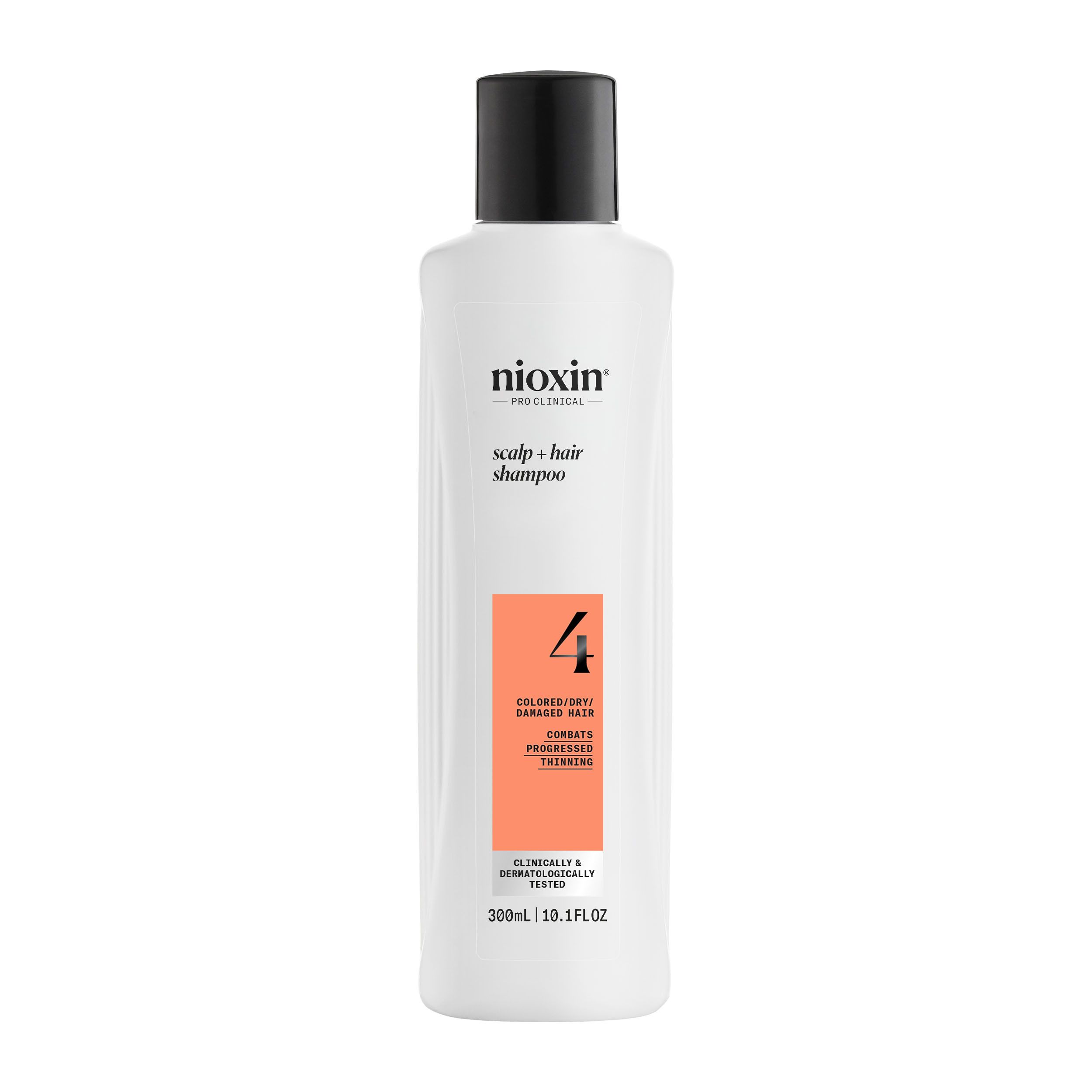 Witte shampoo met zwarte dop. Opschrift: Nioxin, Scalp + Hair Shampoo, 4. Voor gekleurd, dunner wordend haar.