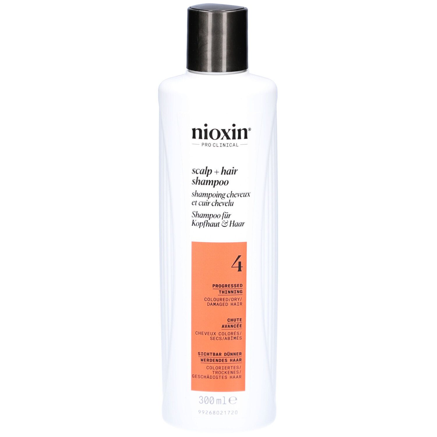 Witte shampoo met zwarte dop. Opschrift: Nioxin, Scalp + Hair Shampoo, 4. Voor gekleurd, dunner wordend haar.