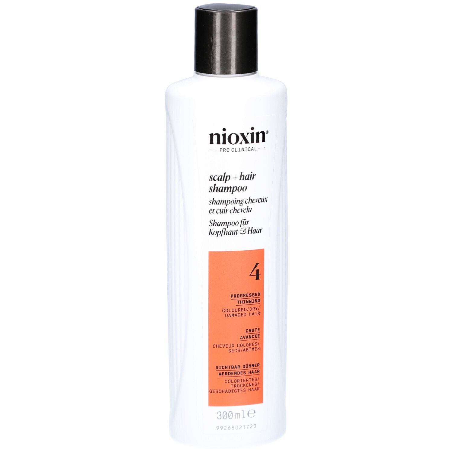 Witte shampoo met zwarte dop. Opschrift: Nioxin, Scalp + Hair Shampoo, 4. Voor gekleurd, dunner wordend haar.