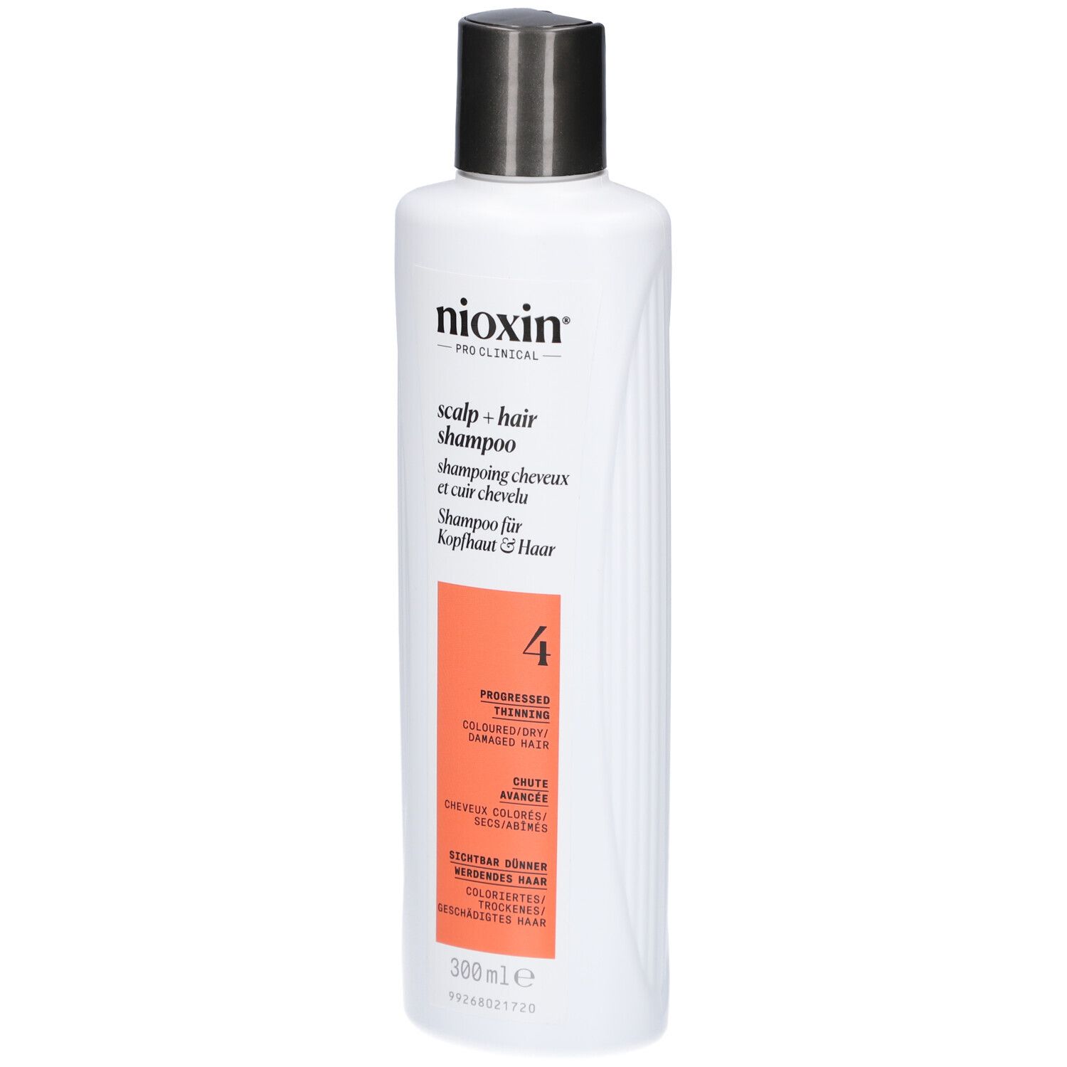 Witte shampoo met zwarte dop. Opschrift: Nioxin, Scalp + Hair Shampoo, 4. Voor gekleurd, dunner wordend haar.