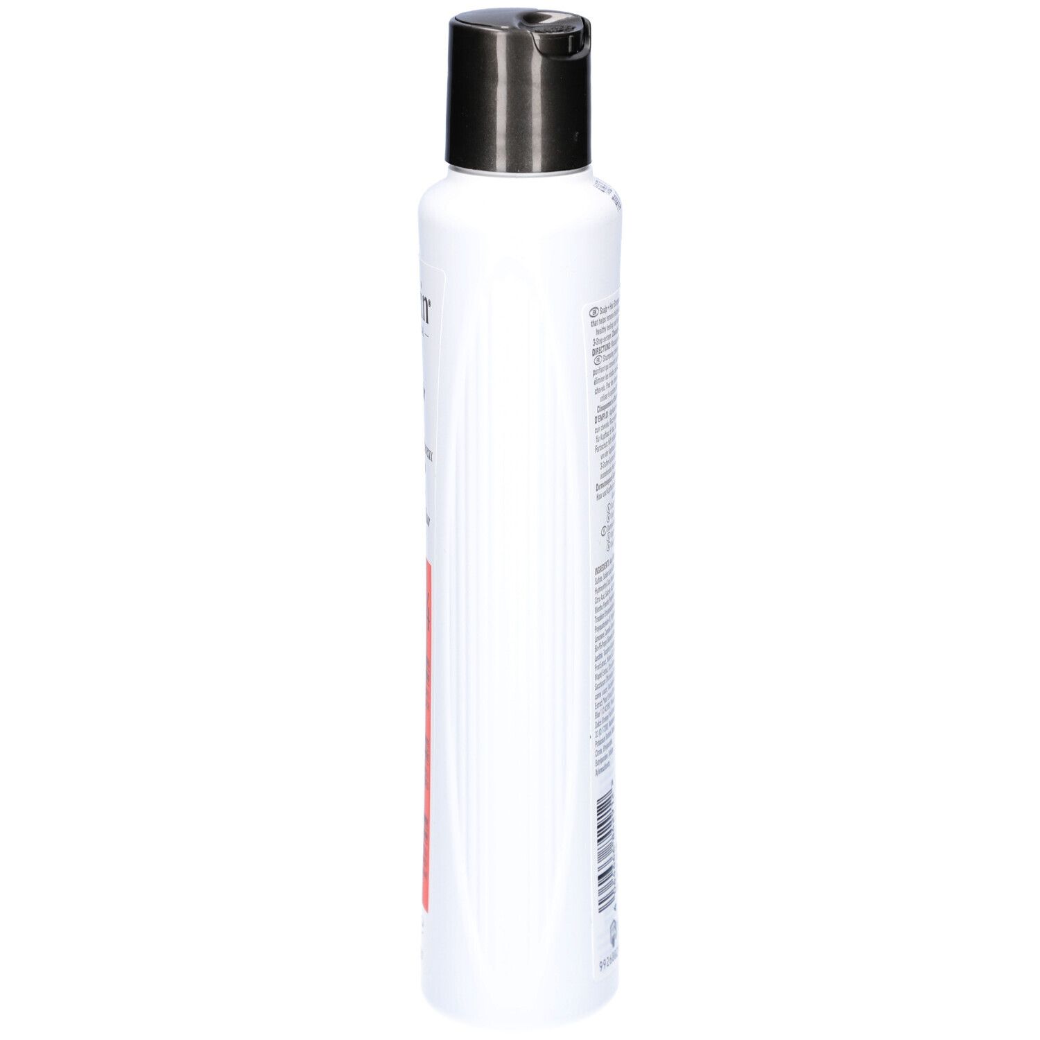 Witte shampoo met zwarte dop. Zijaanzicht. Opschrift: Nioxin. Oranje strook met tekst.