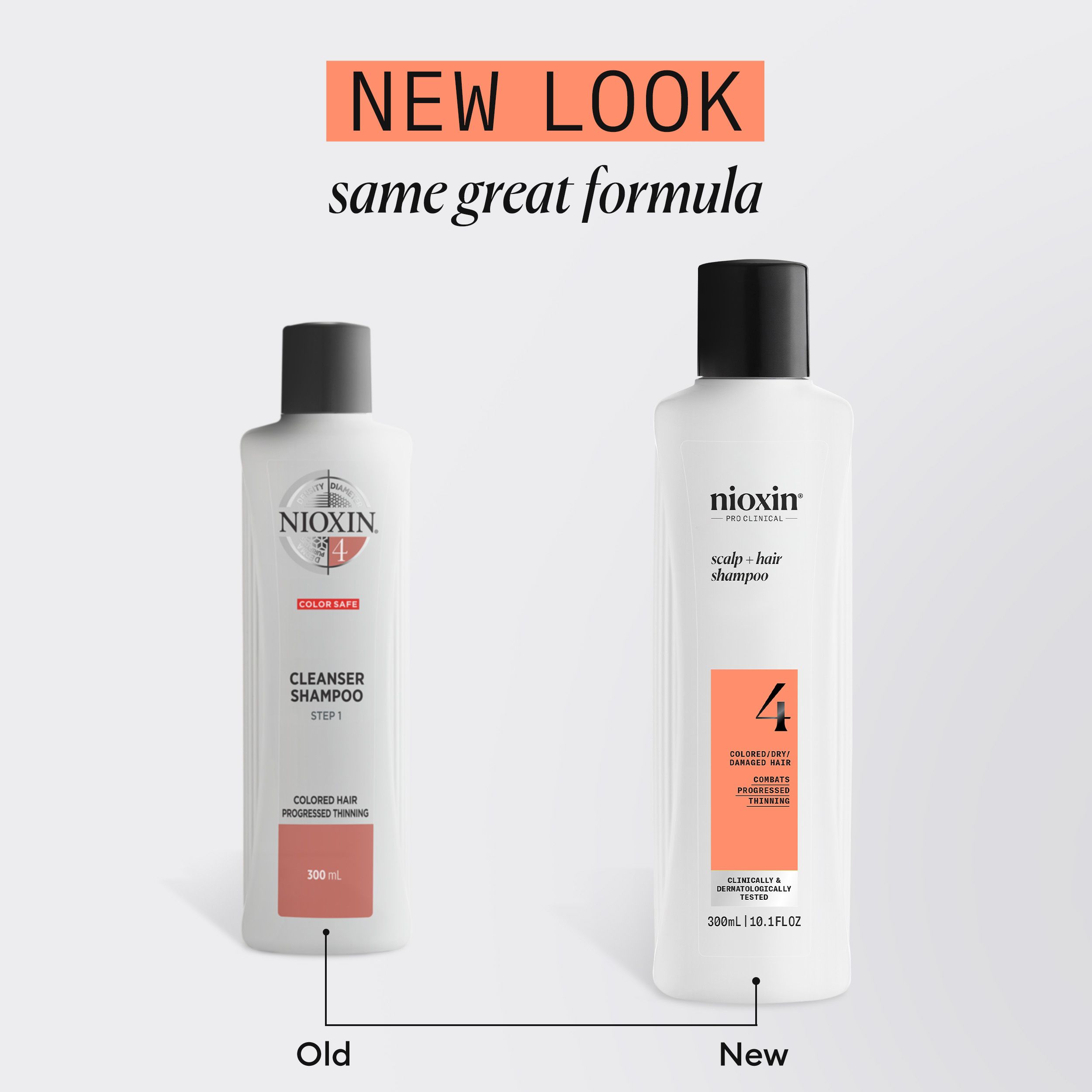 Vergelijking van twee shampooflessen. Links: oud ontwerp. Rechts: nieuw ontwerp. Opschrift: Nioxin.