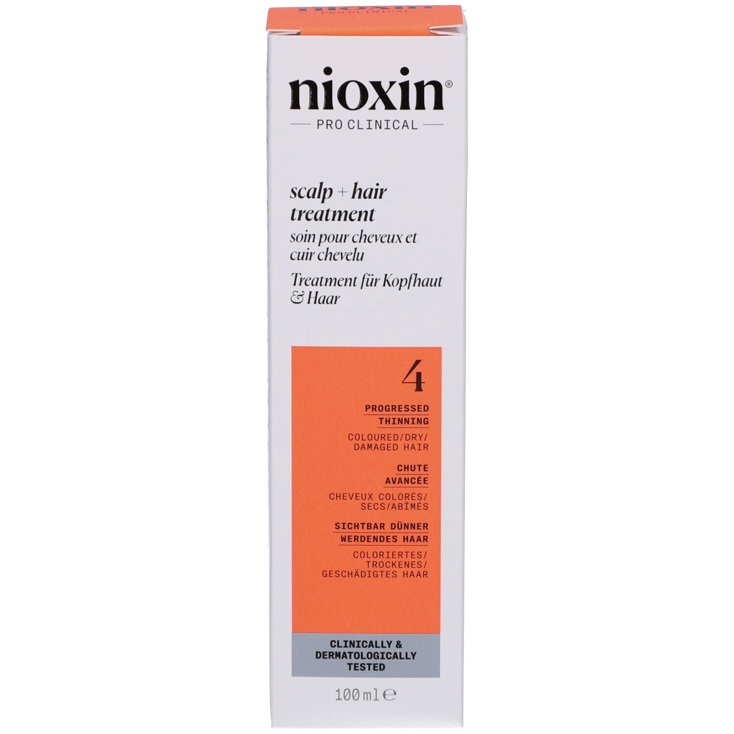 Witte doos met tekst. Opschrift: Nioxin, Scalp + Hair Treatment, 4. Voor gekleurd haar. Klinisch getest.