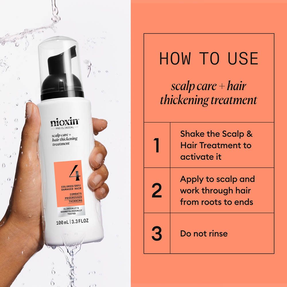 Nioxin Scalp Care & Hair Thickening Treatment : Flacon de 100 ml avec pompe, étapes d'application.