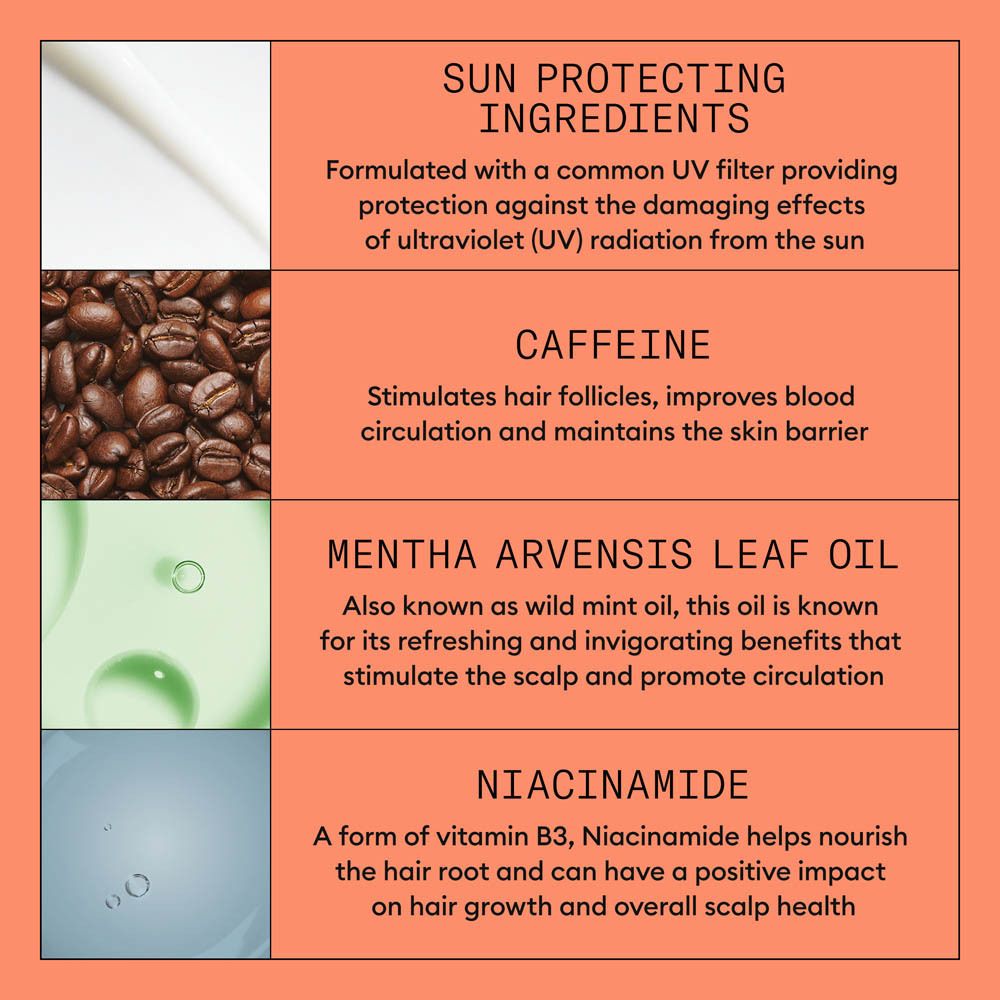 Vier secties met ingrediënten: zonbeschermende ingrediënten, cafeïne, Mentha Arvensis bladolie, niacinamide.