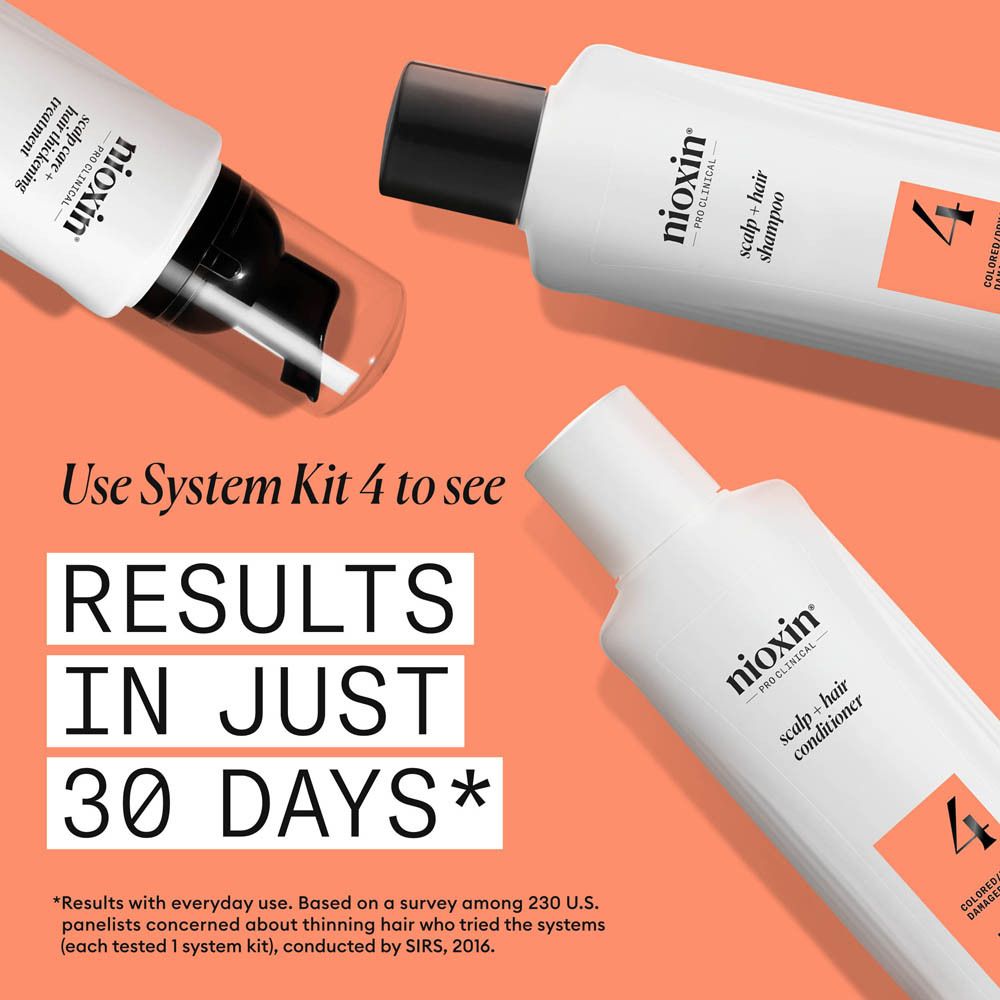 Drie Nioxin flessen: shampoo, conditioner en schuimbehandeling, gerangschikt op een oranje achtergrond.