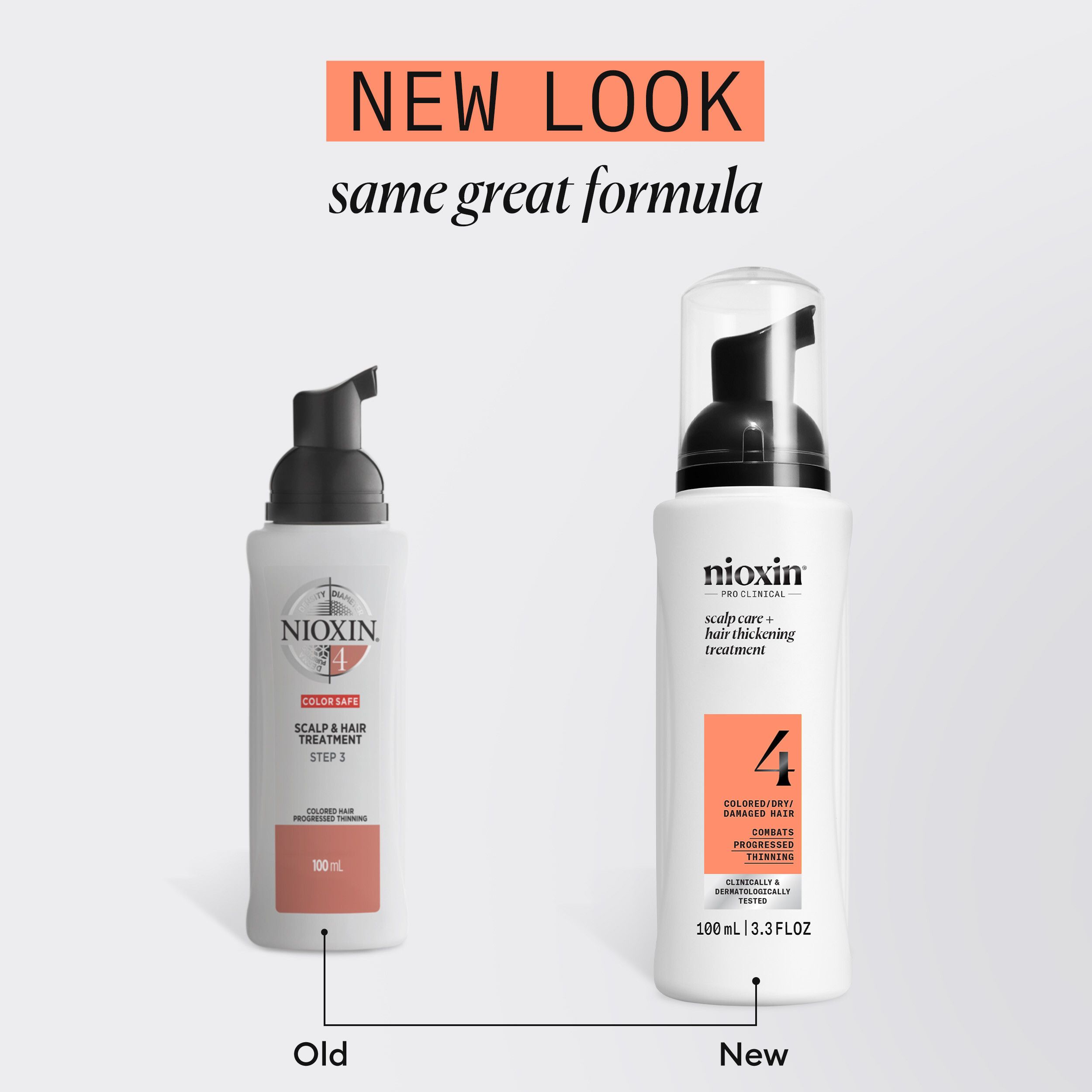 Vergelijking van twee flessen. Links: ouder ontwerp. Rechts: nieuw ontwerp. Opschrift: Nioxin, Scalp + Hair Treatment, 4.
