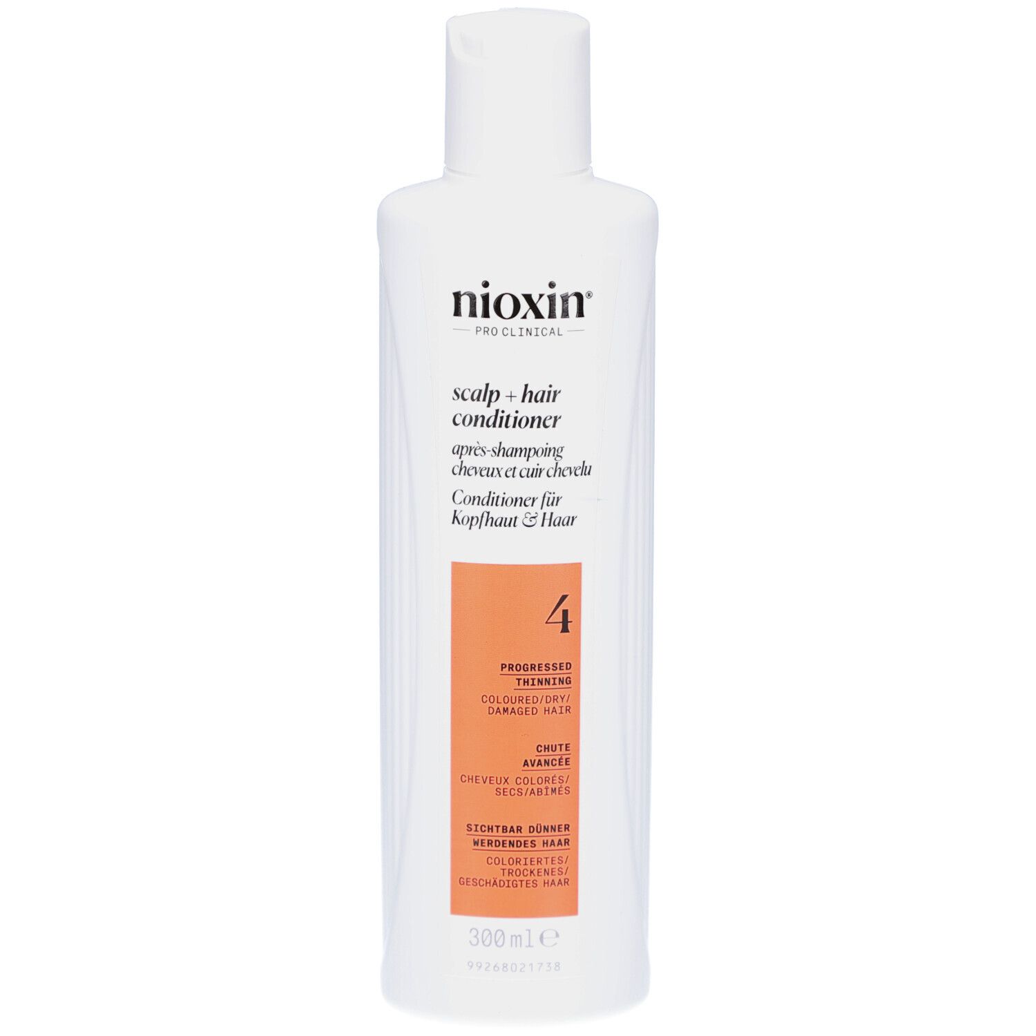 Witte fles Nioxin conditioner. Oranje etiket met tekst. 300ml. Voor gekleurd, dunner wordend haar.