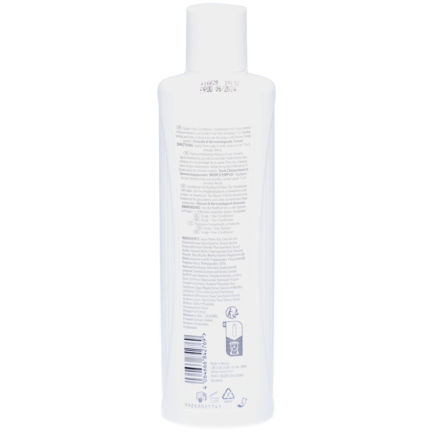 Achterkant van een witte Nioxin fles. Tekst in meerdere talen. Barcode en symbolen.