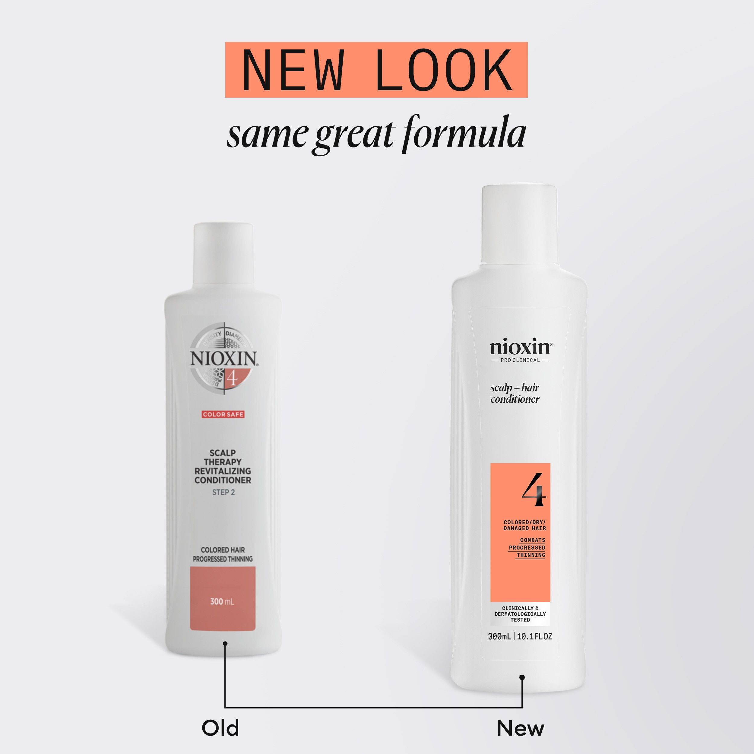 Vergelijking van twee Nioxin flessen. Links: oude versie. Rechts: nieuwe versie. Tekst: New Look, same great formula.