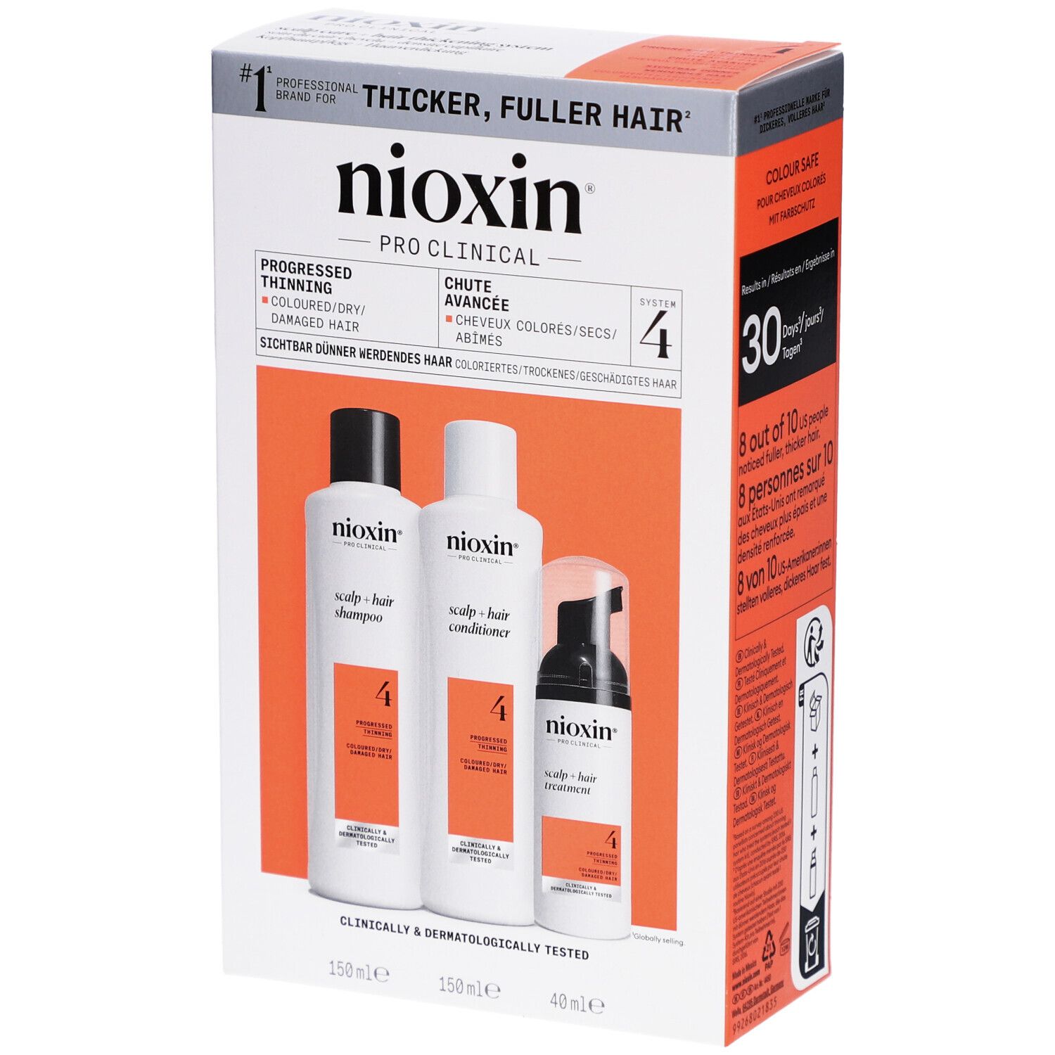 Nioxin System 4 Kit. Shampoo, conditioner en treatment voor gekleurd, dunner wordend haar. Verpakking met productafbeelding.