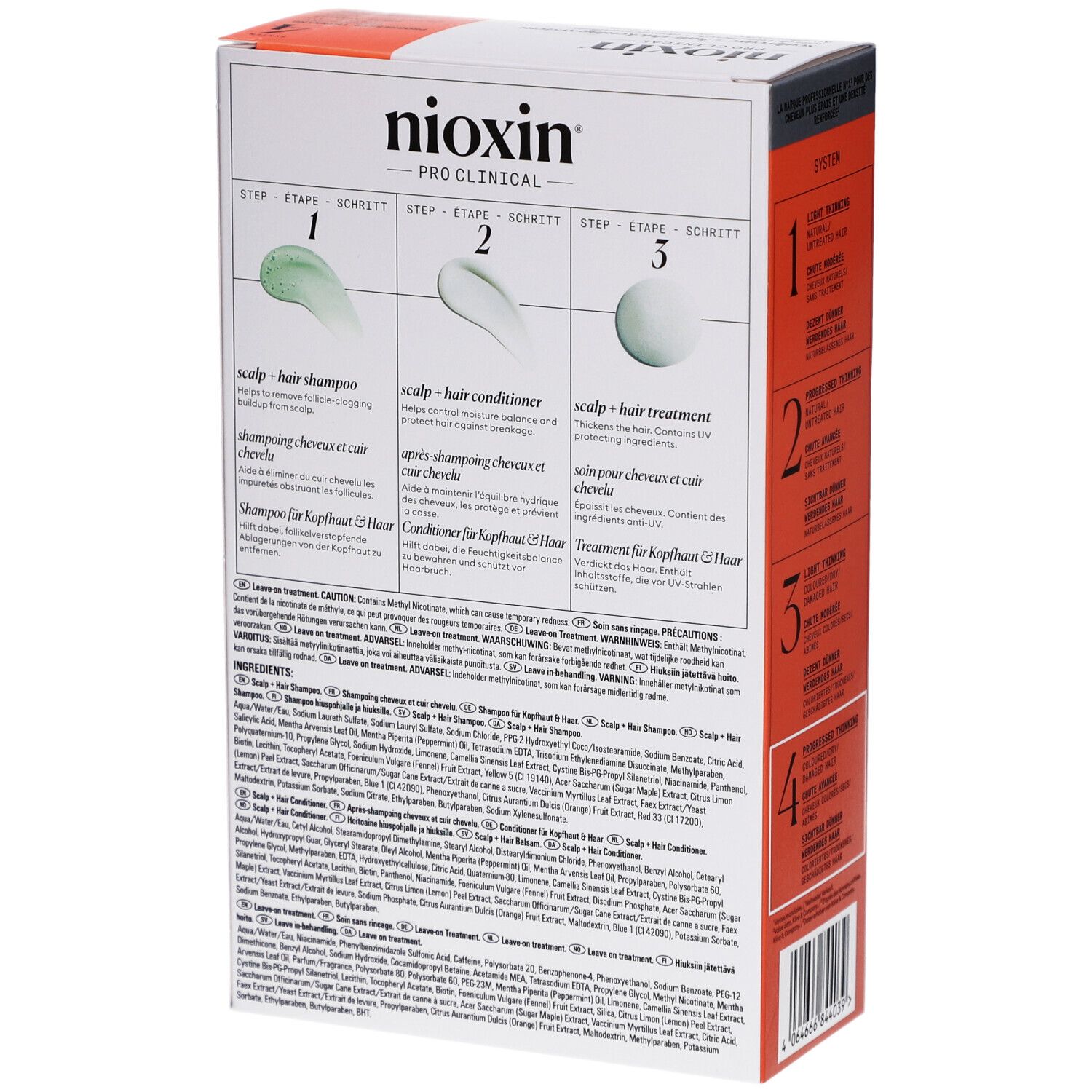 Nioxin System 4 Kit. Achterkant van de verpakking met 3-staps gebruiksaanwijzing. Ingrediënten en waarschuwingen.