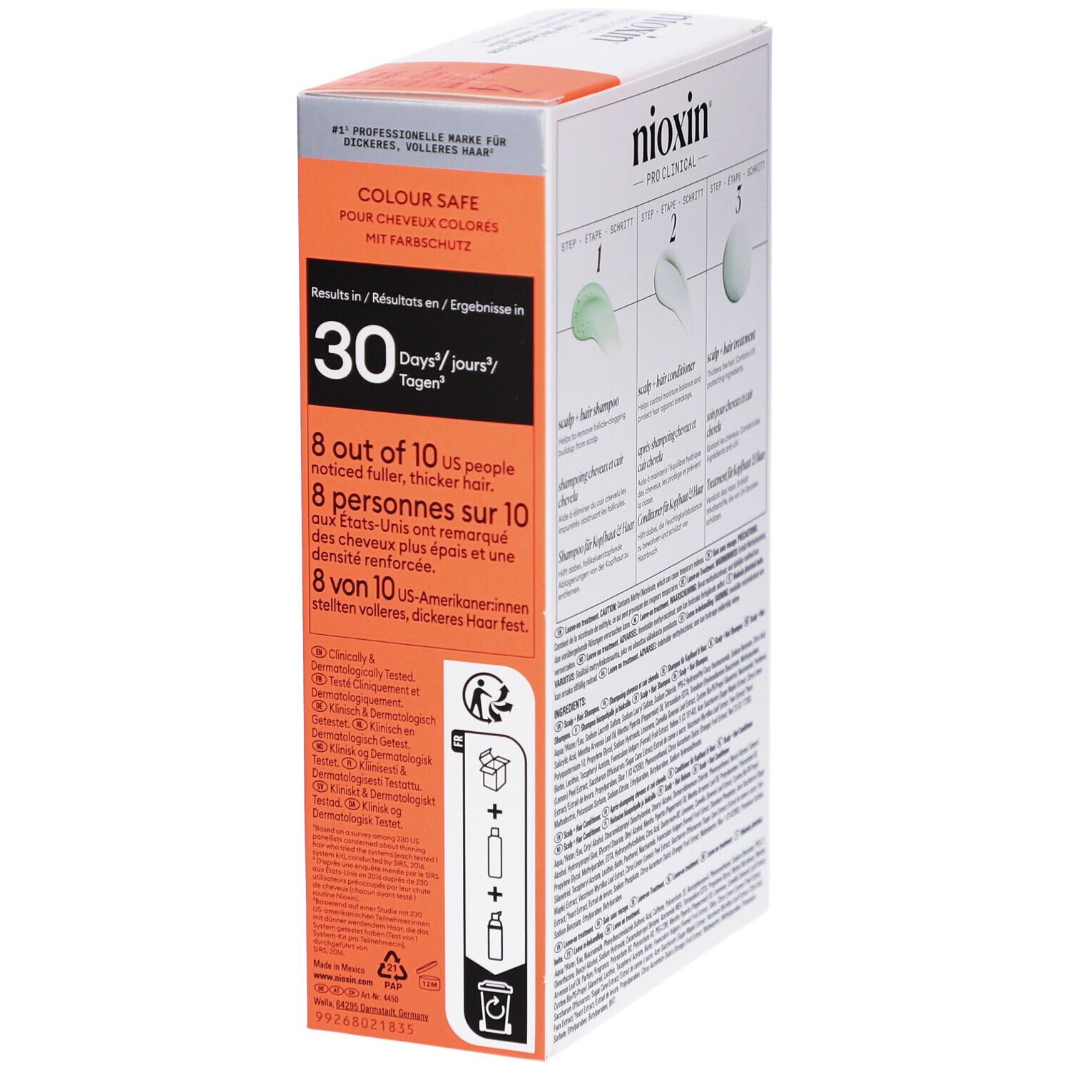 Nioxin System 4 Kit. Verpakking met informatie over resultaten na 30 dagen. Oranje en witte elementen.